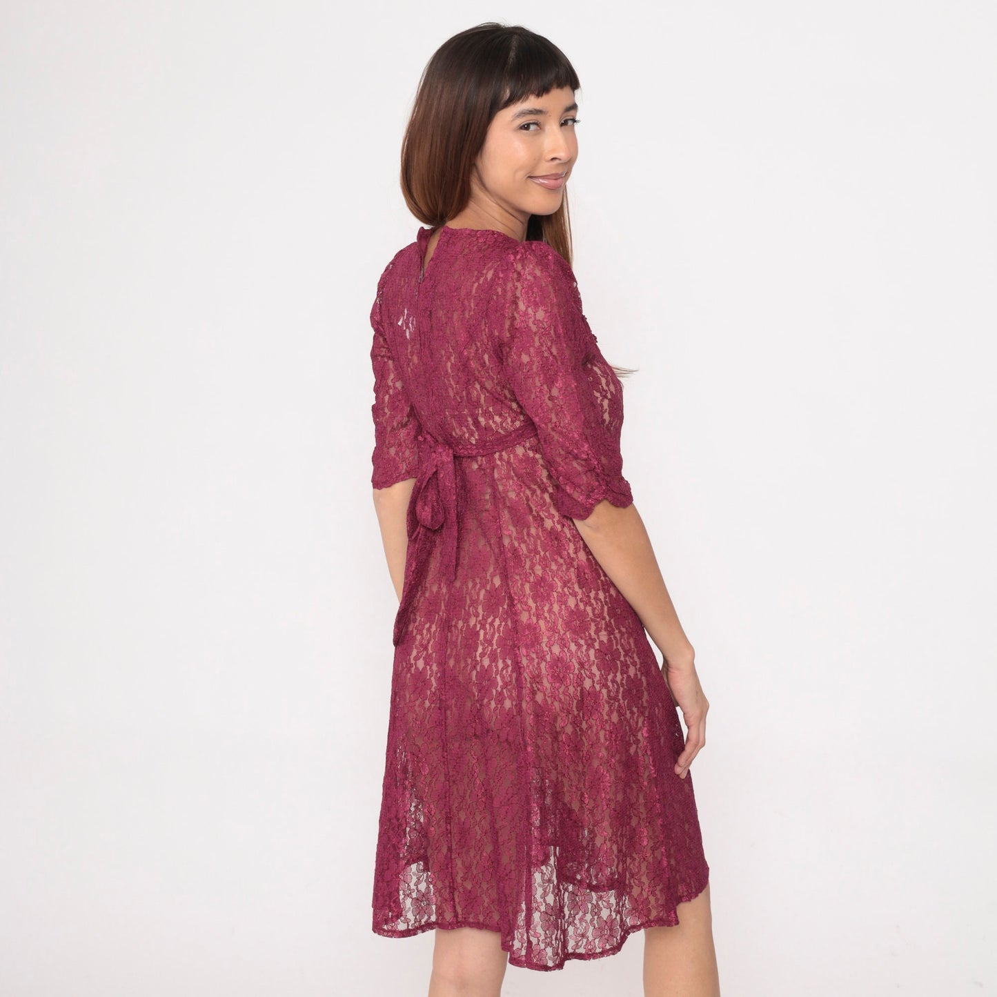90s Raspberry Lace Dress Chelsea Collar Puff Sleeve Knee Length Extra Small