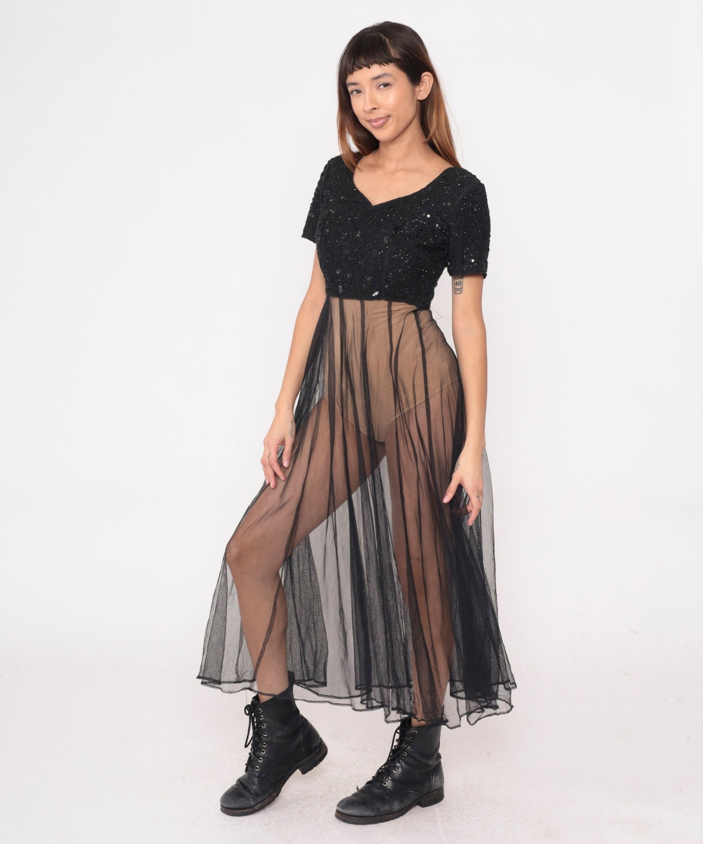 80s Black Beaded Chiffon Midi Dress Sequined Party Gown Short Sleeve Small