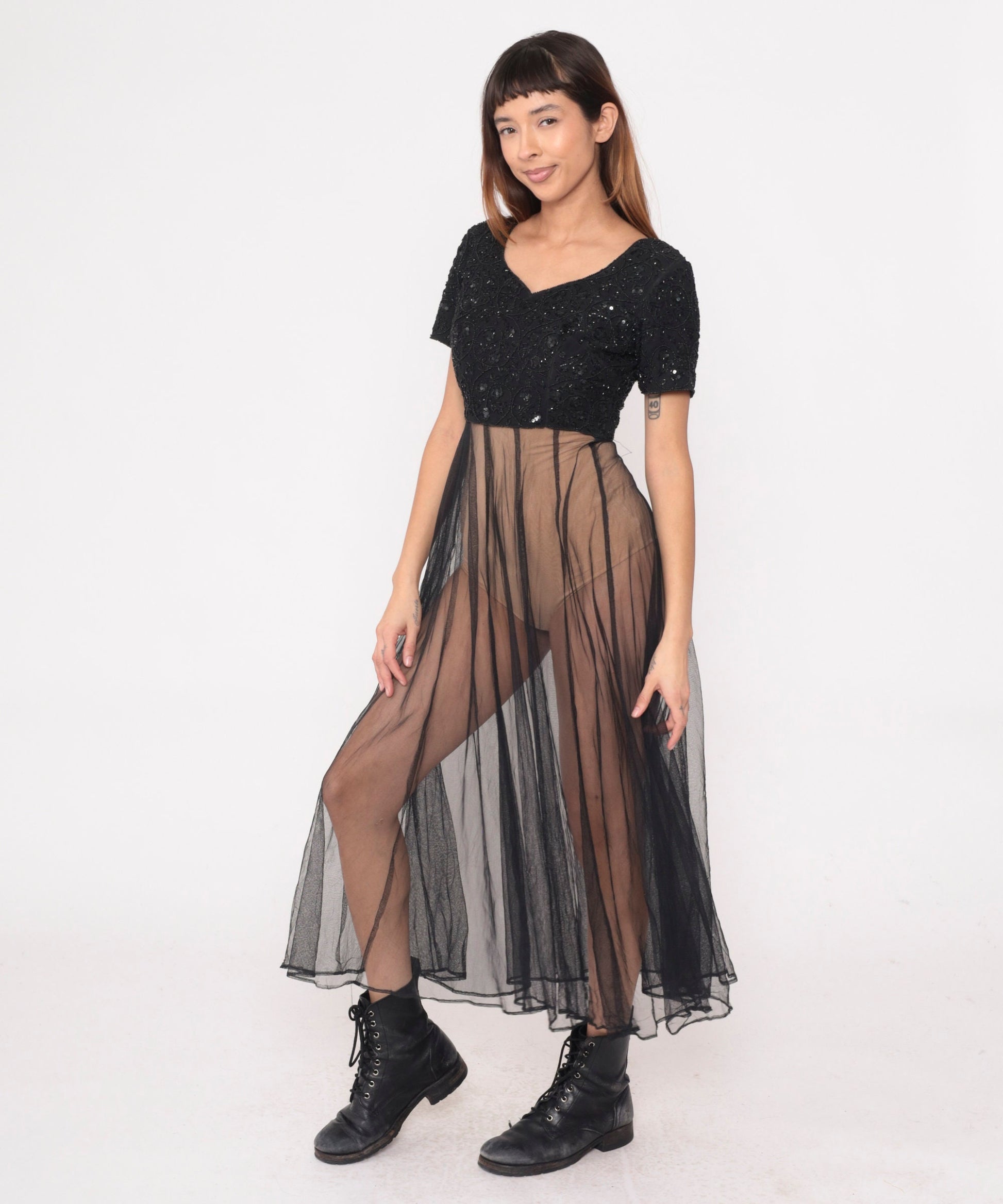 80s Black Beaded Chiffon Midi Dress Sequined Party Gown Short Sleeve Small