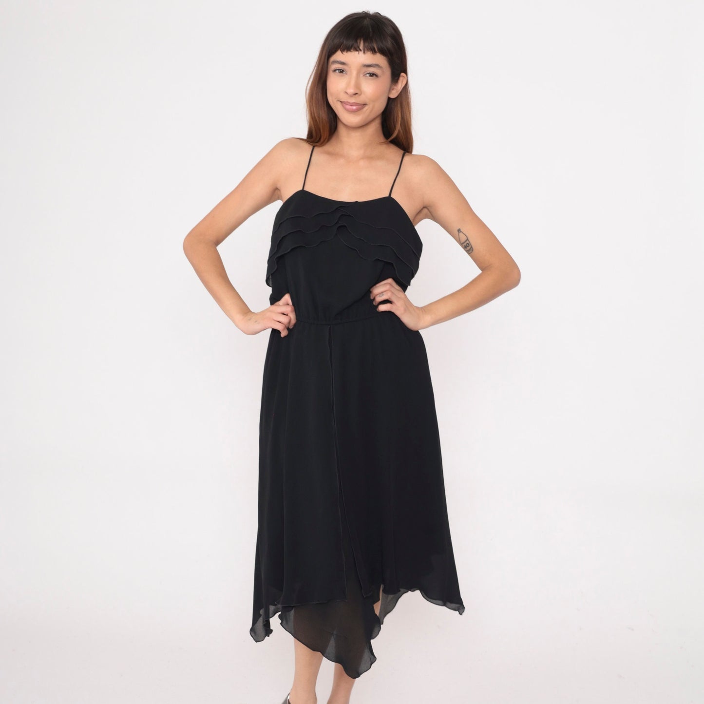 1970s Black Saks Fifth Avenue Midi Dress Ruffled Neckline Spaghetti Strap Small