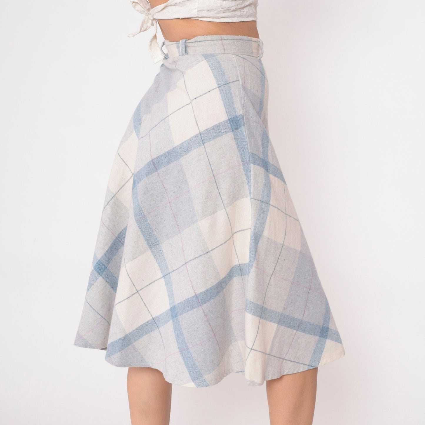 70s Plaid Midi Skirt High Waisted Blue White Wool Blend Extra Small