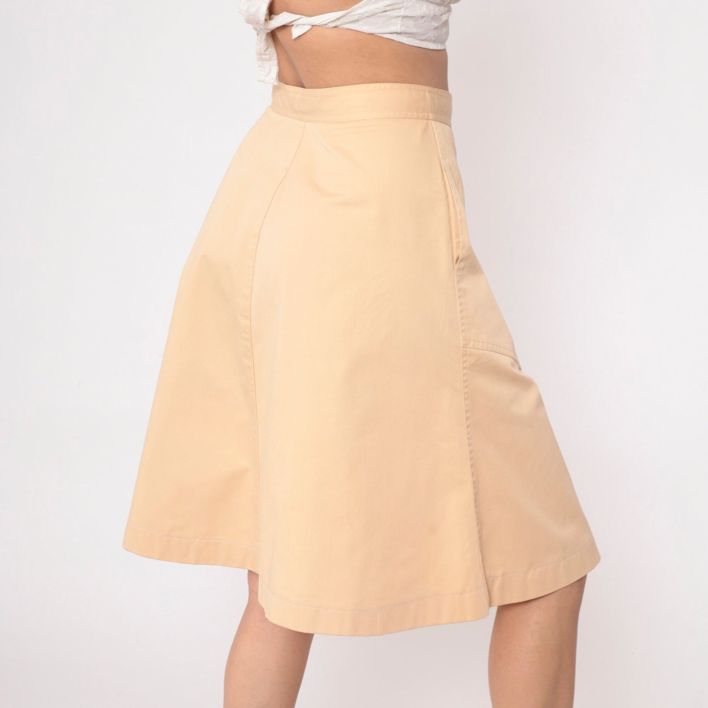70s Tan A-Line Midi Skirt High Waist Pockets Front Zip Small