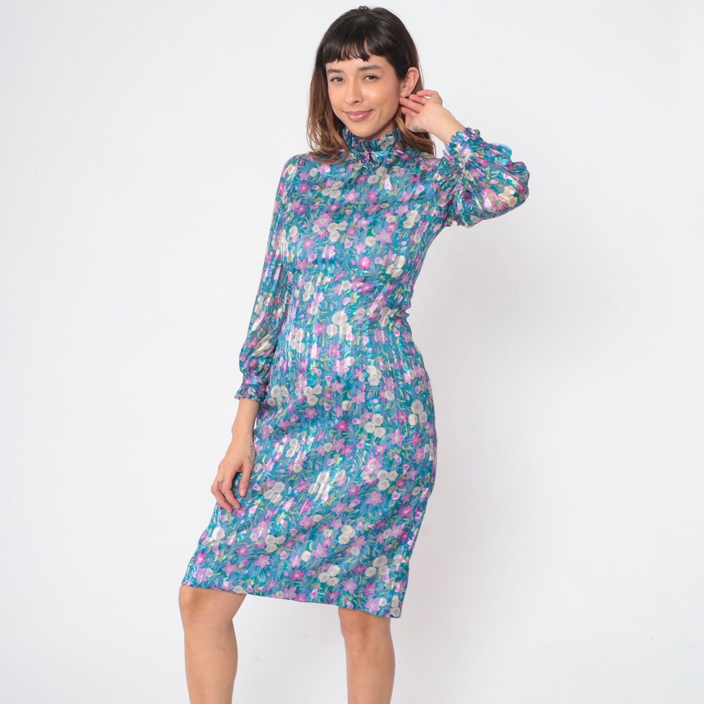 70s Blue Floral Silk Dress Long Sleeve Mock Neck Ruffle Knee Length Small S