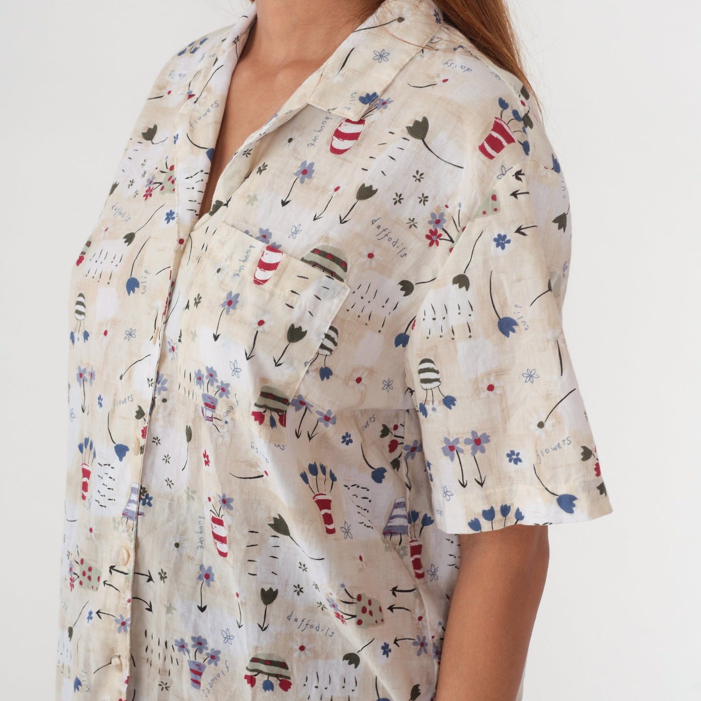 90s Floral Flowerpot Button-Up Blouse Beige Short Sleeve Collared Top Large L