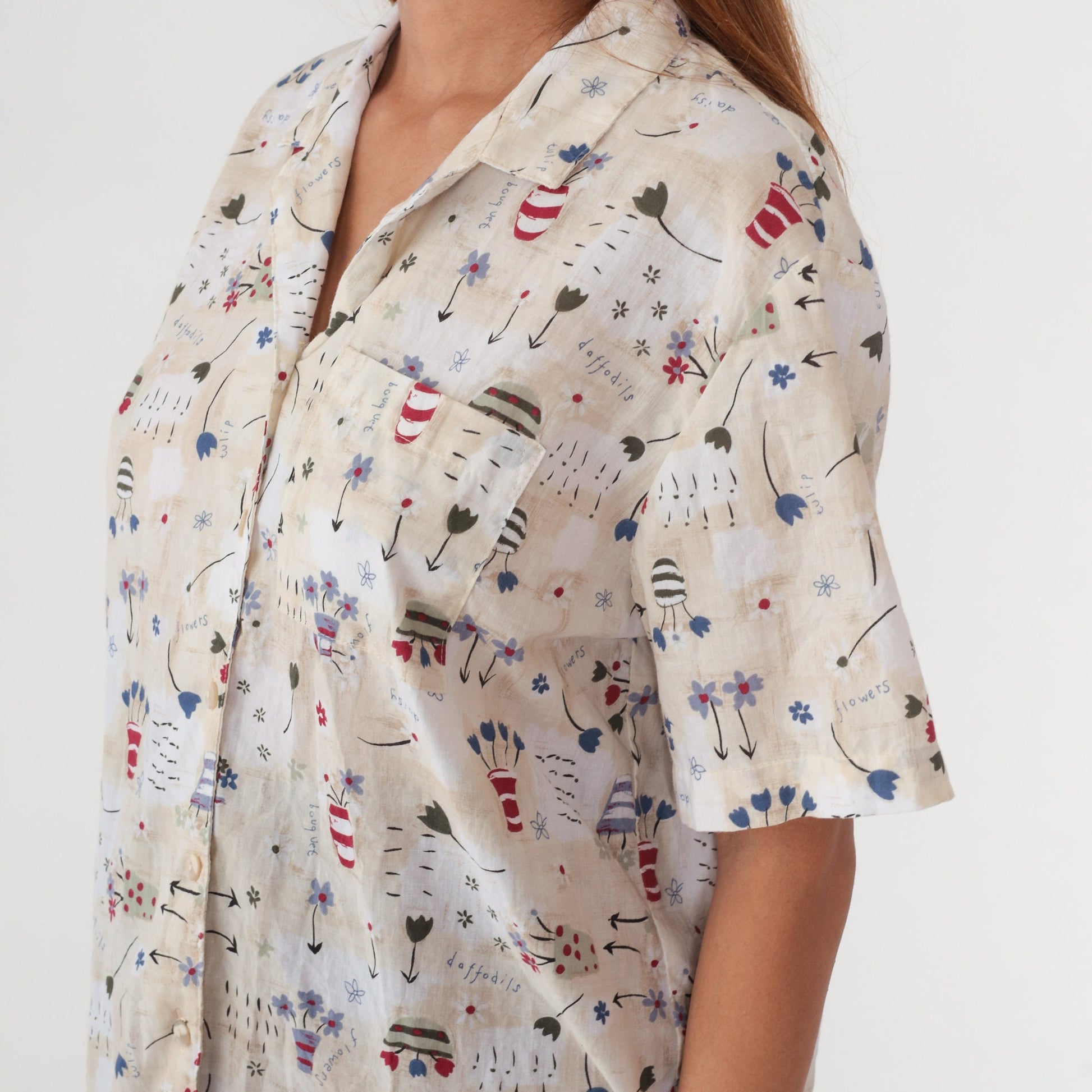 90s Floral Flowerpot Button-Up Blouse Beige Short Sleeve Collared Top Large L