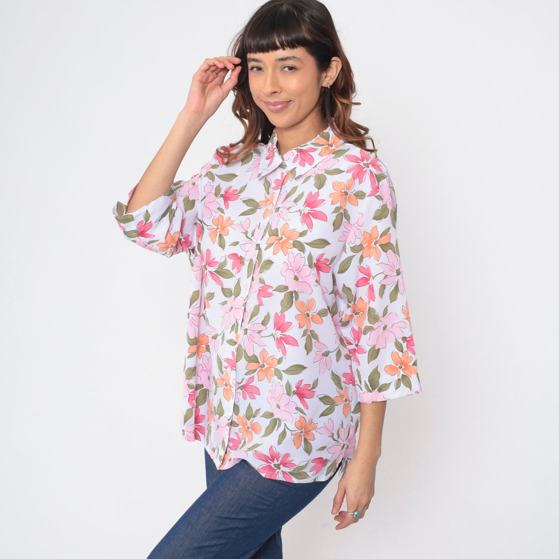 90s Bon Worth Floral Button-Up Blouse Pink Orange 3/4 Sleeve Large Petite