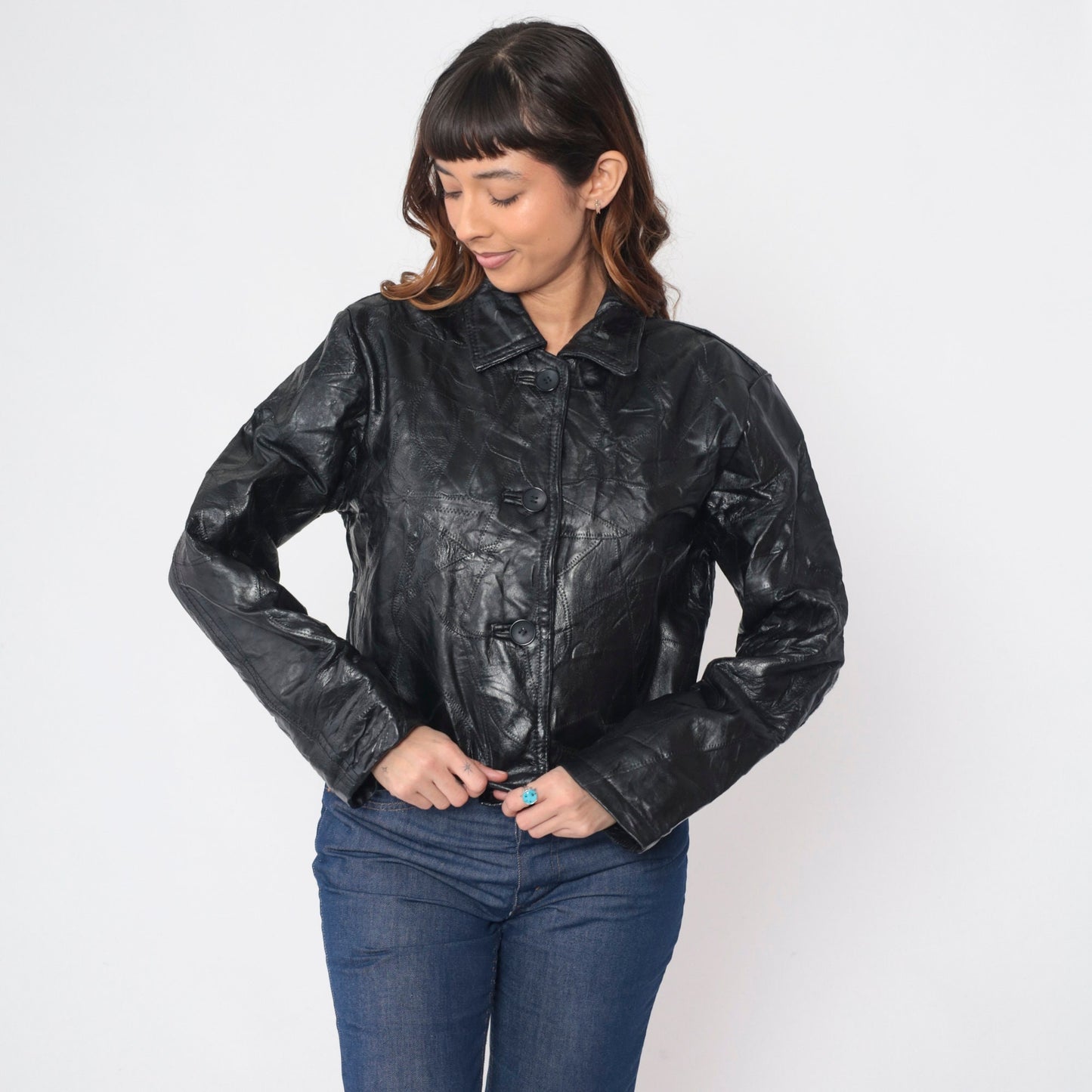 00s Black Patchwork Leather Moto Jacket Italian Stone Design Medium