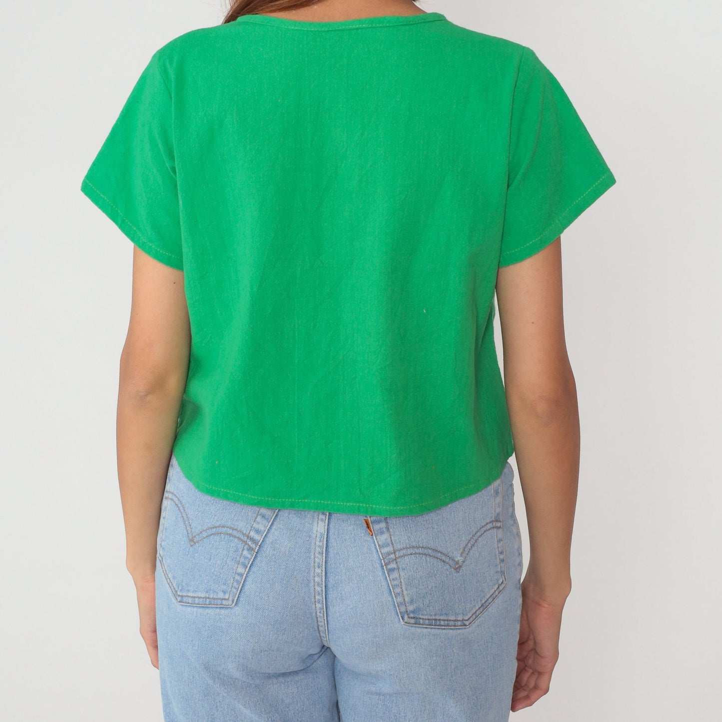 90s Green Embroidered Blouse Girl on Swing Floral Short Sleeve Cotton Medium