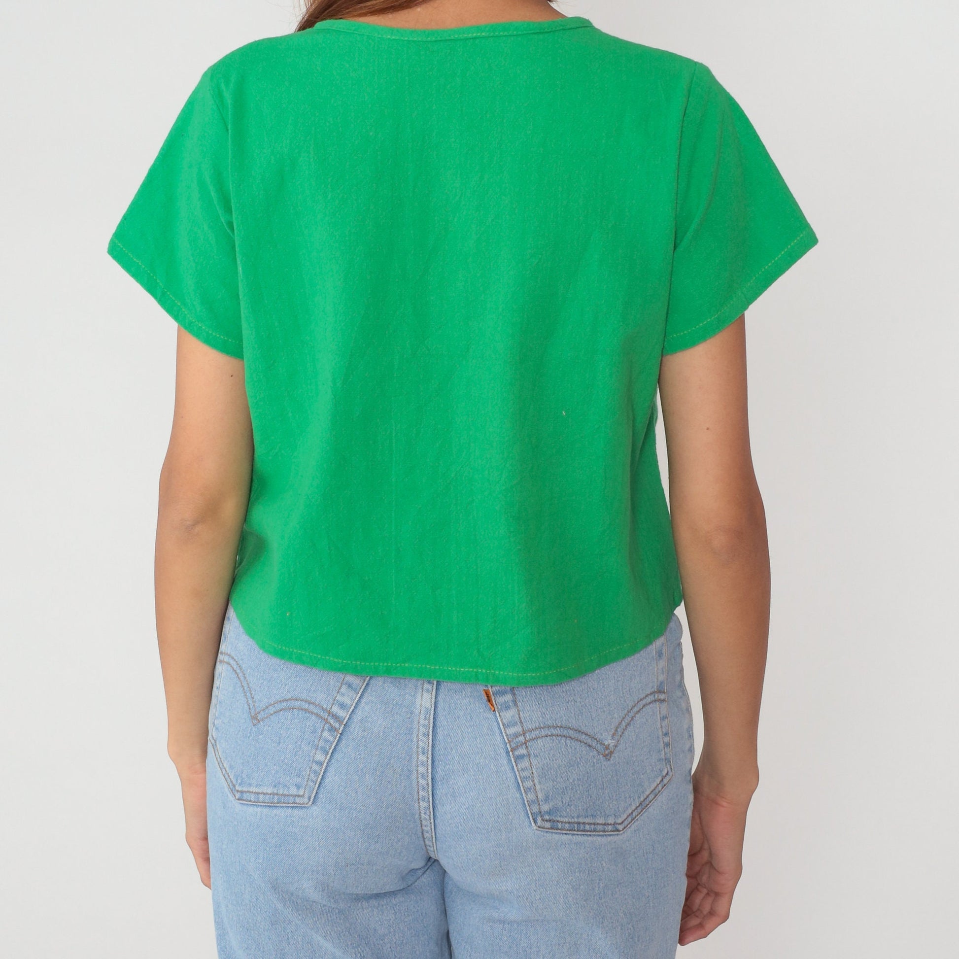 90s Green Embroidered Blouse Girl on Swing Floral Short Sleeve Cotton Medium