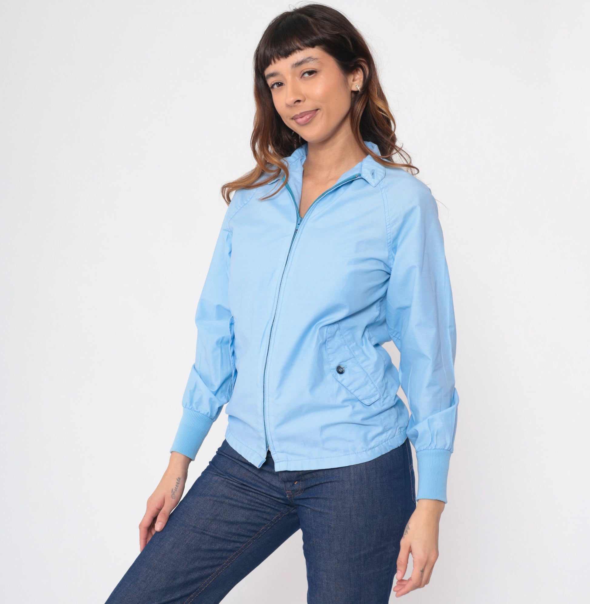 80s Baby Blue Windbreaker Jacket Raglan Sleeve Zip Up Extra Small