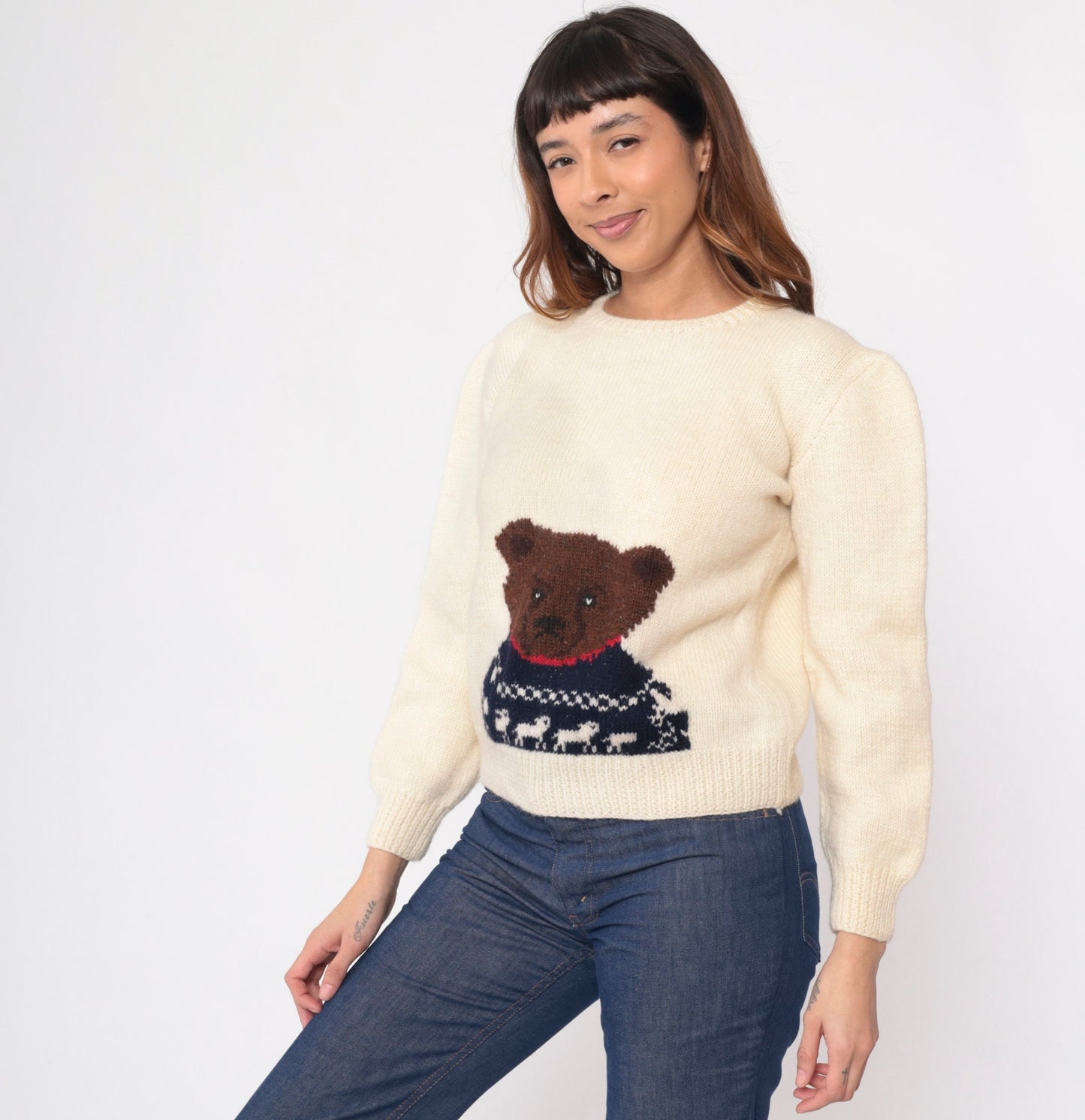 80s Cream Wool Teddy Bear Sweater Knit Pullover Small S