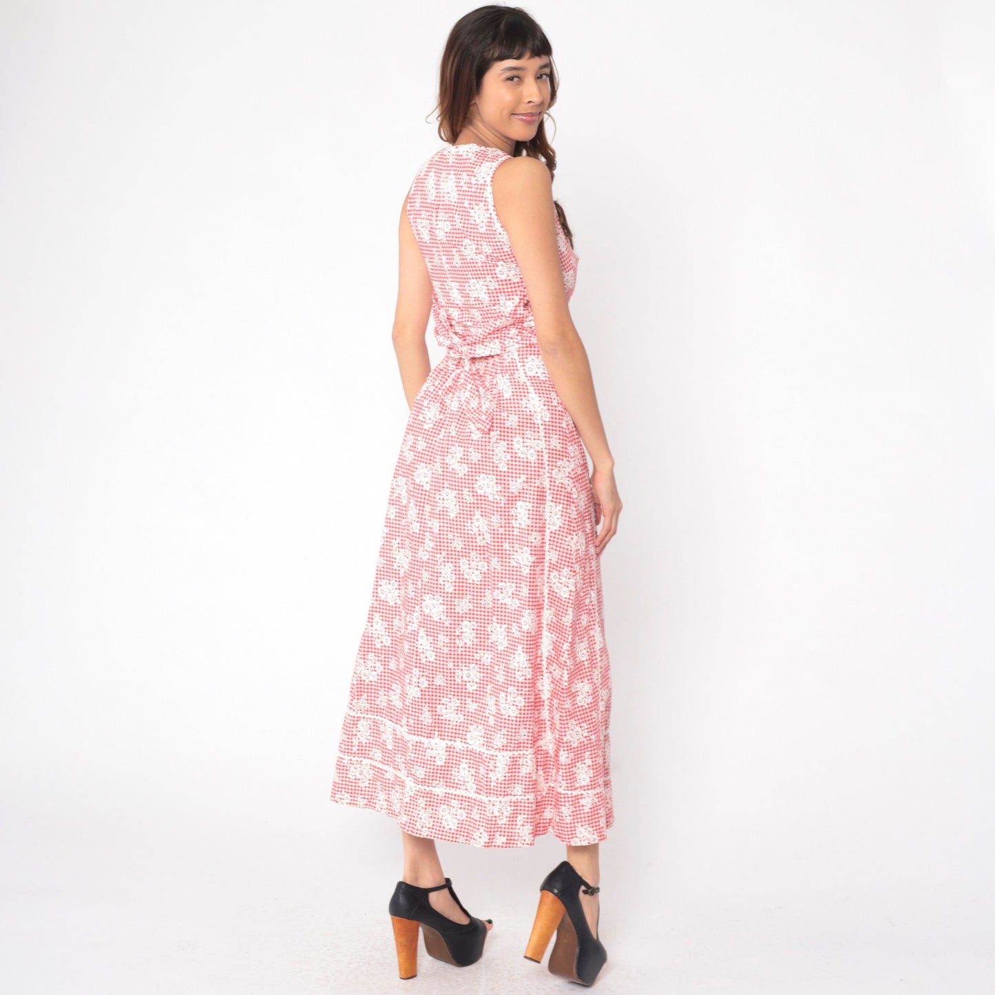 70s Gingham Floral Maxi Dress Red White Sleeveless Ric Rac Trim Extra Small