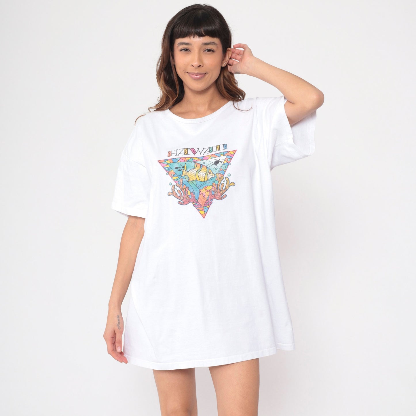 90s Hawaii Tropical Fish Turtle Graphic T-Shirt Dress Extra Large XL