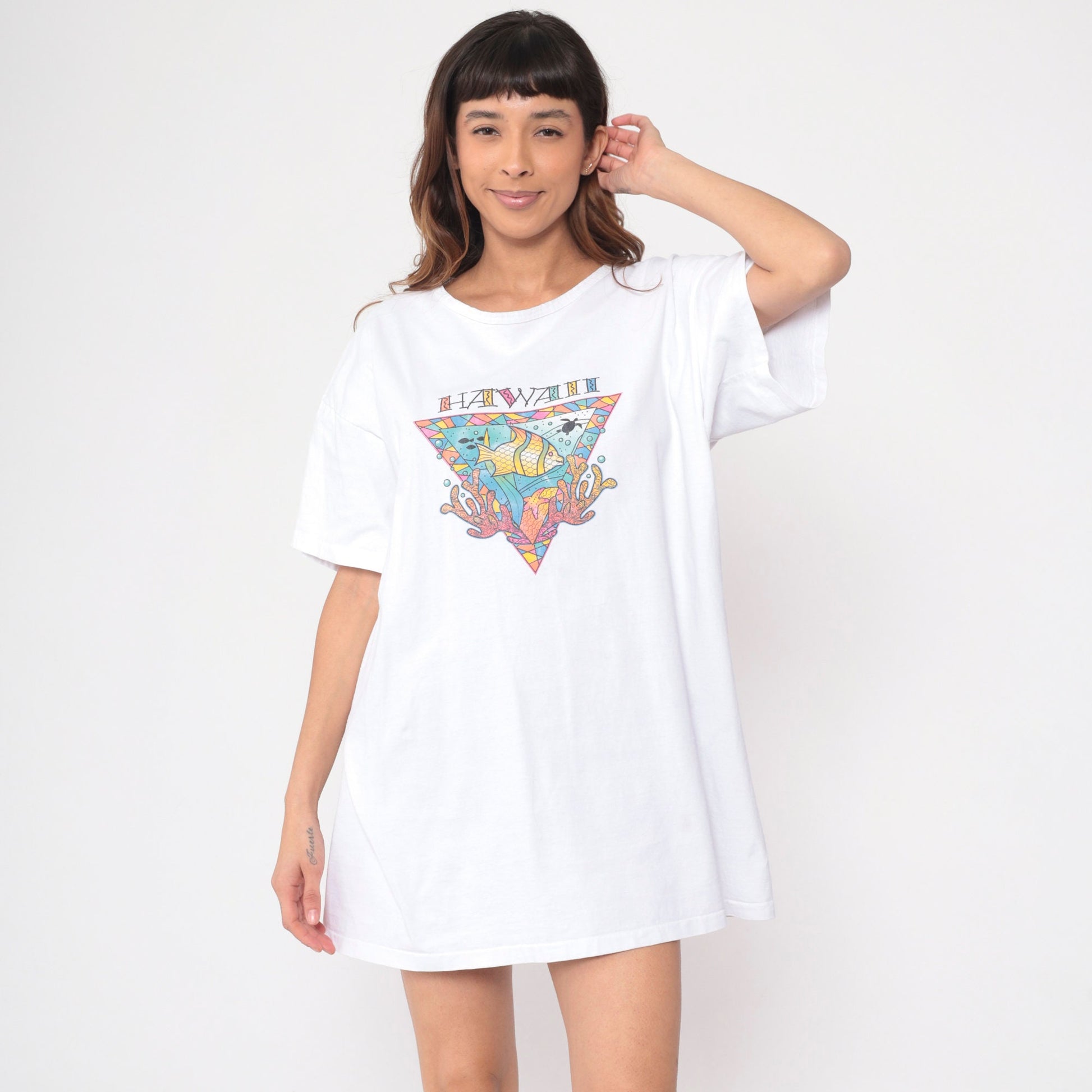 90s Hawaii Tropical Fish Turtle Graphic T-Shirt Dress Extra Large XL