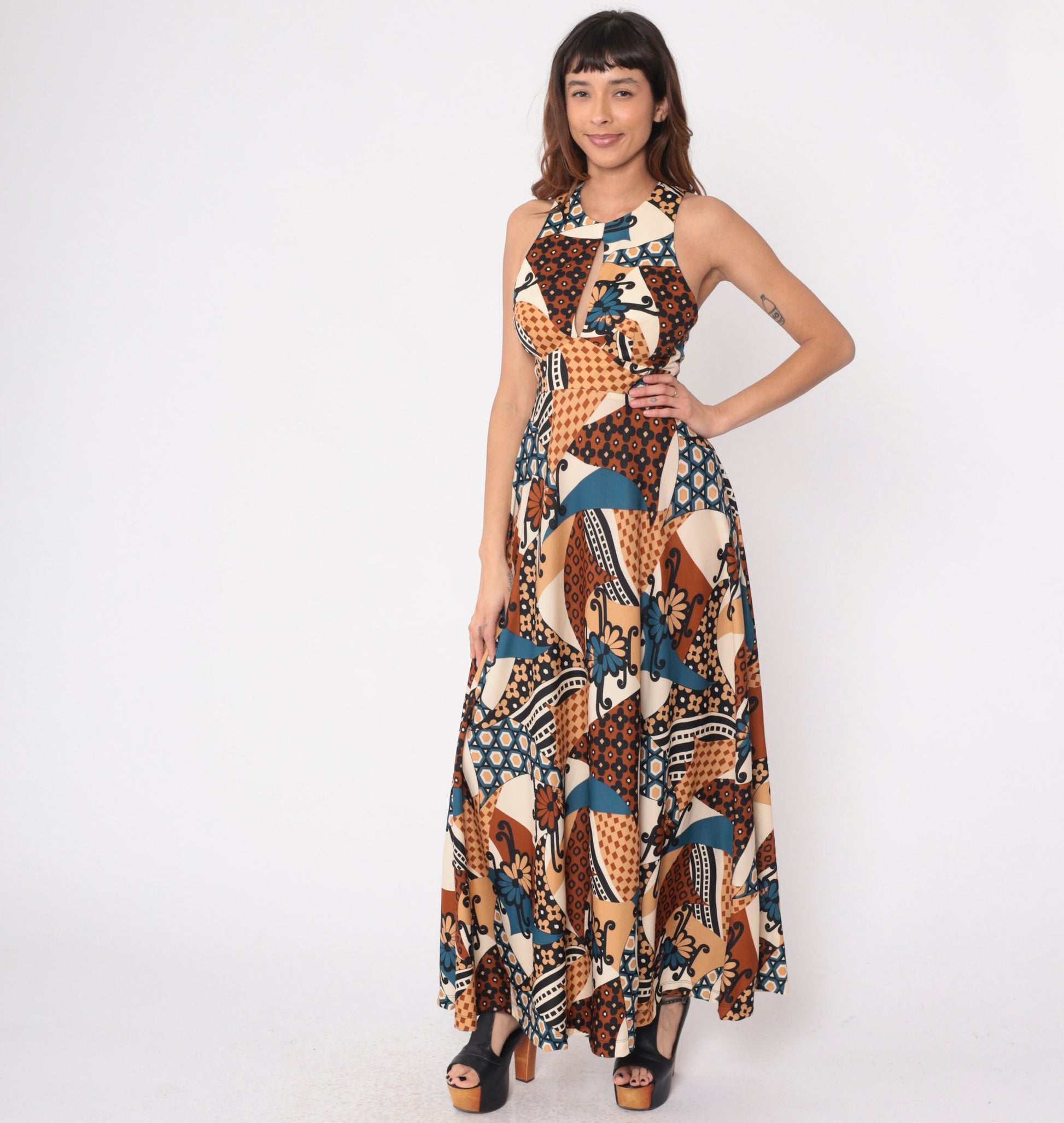 70s Abstract Floral Patchwork Maxi Dress Keyhole Racerback Sleeveless Extra Small