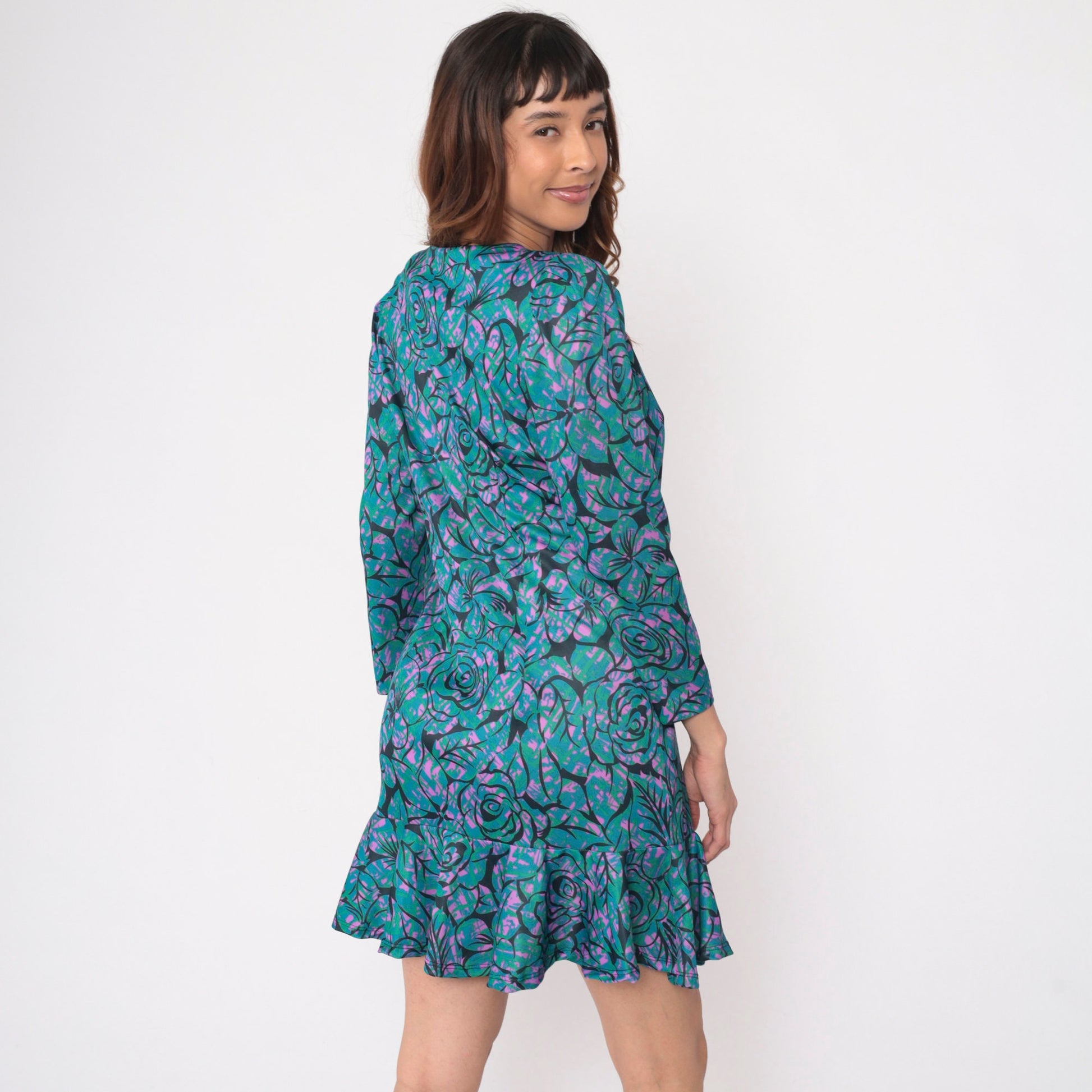 80s Floral Mini Dress Puff Sleeve Drop Waist Black Tropical Print Medium
