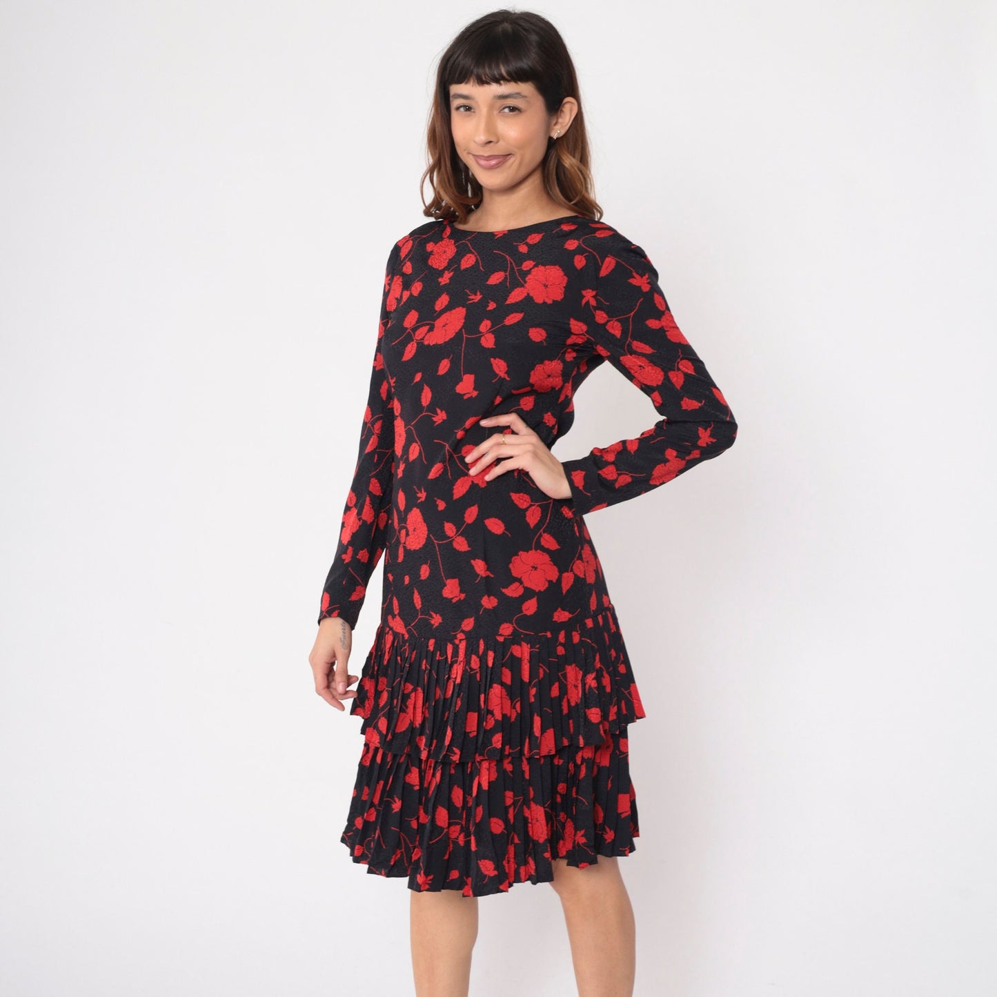 90s Liz Claiborne Black Floral Dress Red Flowers Low V Back Knee Length Medium