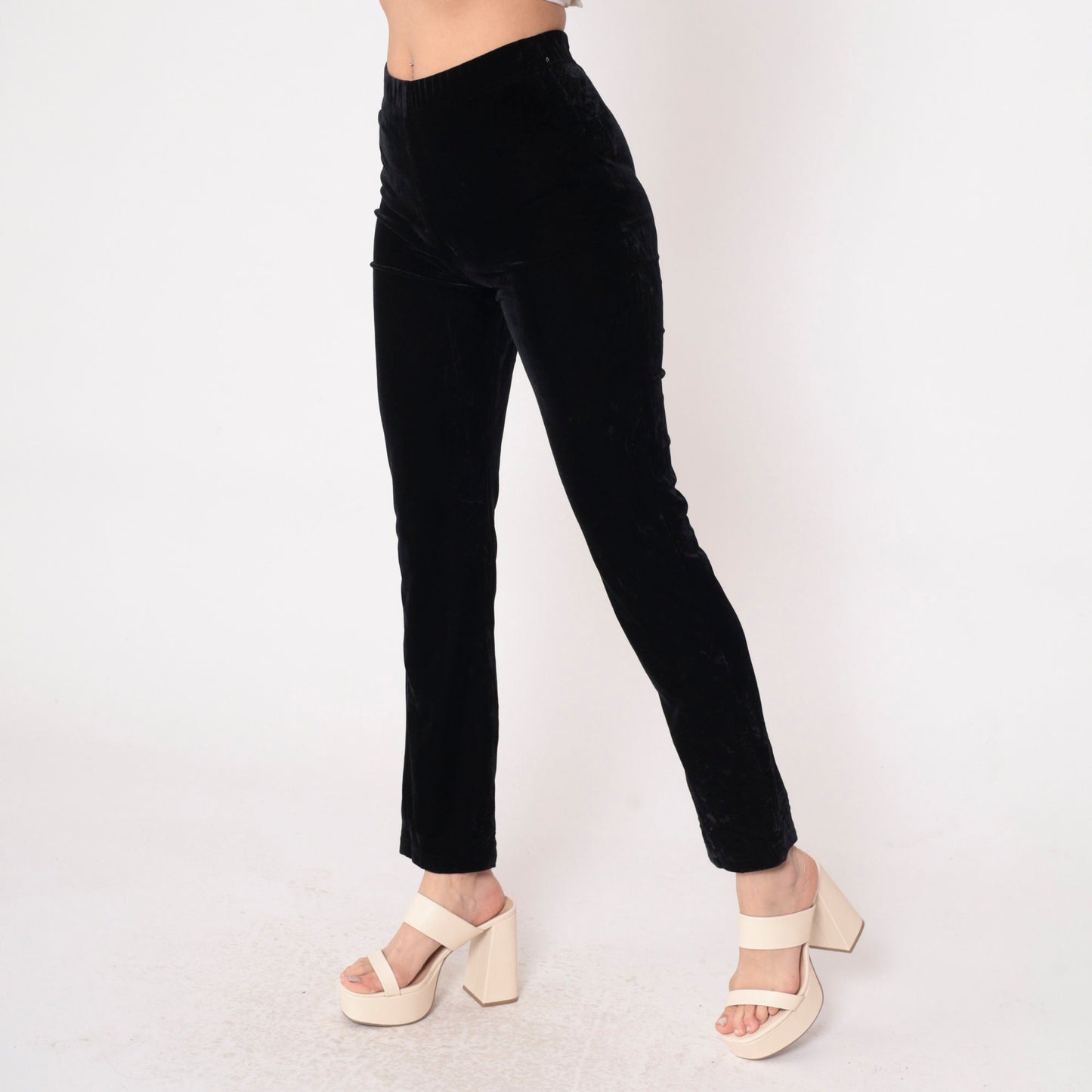 90s Black Velvet Bootcut Pants High Waist Stretch Velour Small
