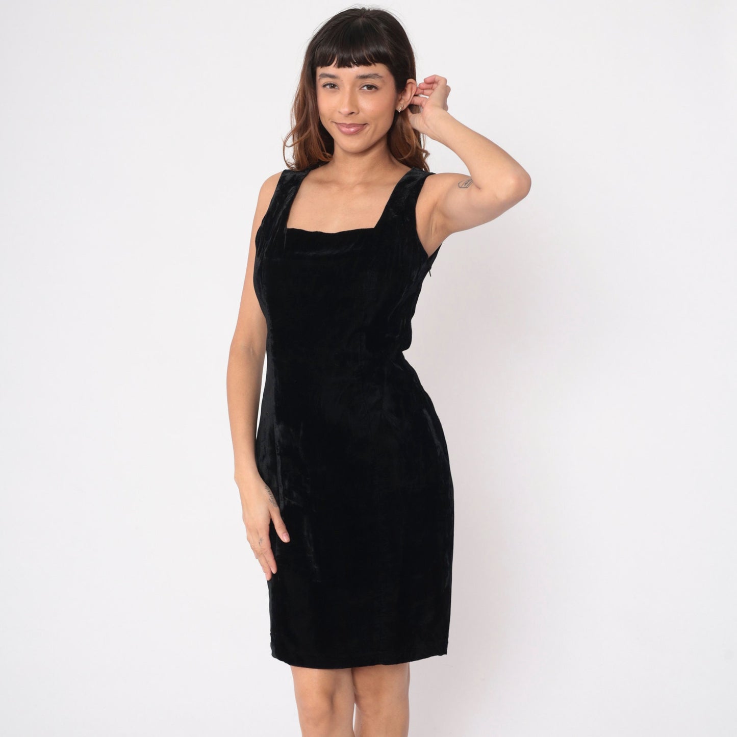 90s Black Velvet Mini Dress Square Neckline Strappy Open Back Medium