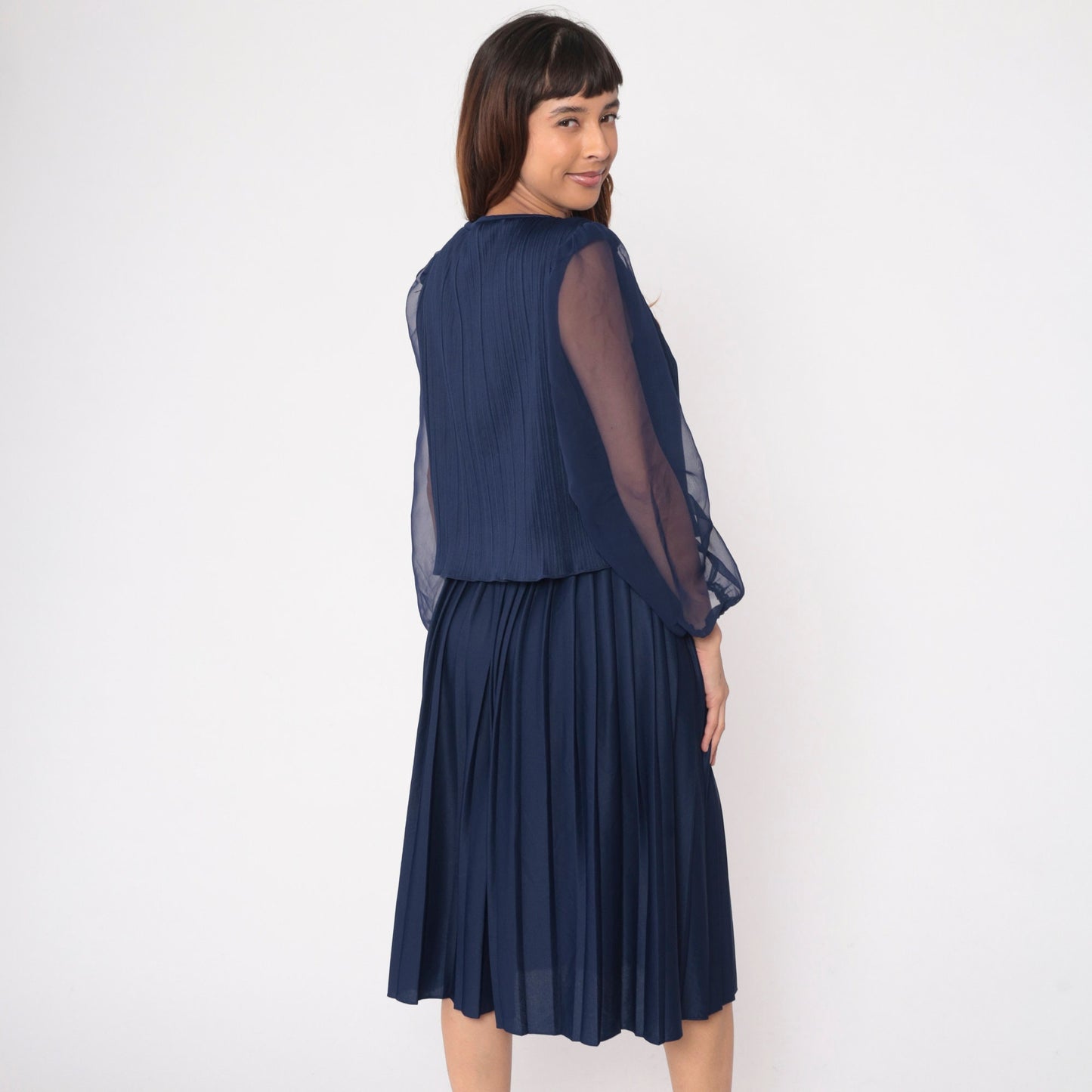 70s Navy Pleated Midi Dress Layered Bodice Sheer Chiffon Sleeves Large L