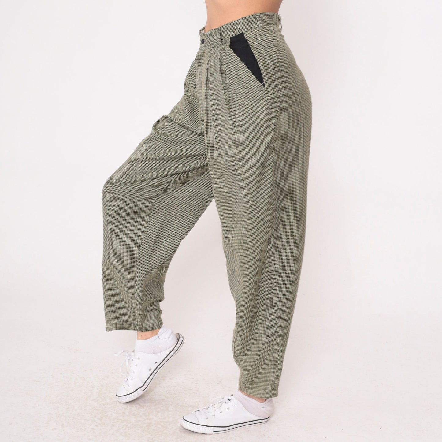 80s Houndstooth Tapered Trousers High Waist Pleated Black Yellow Small