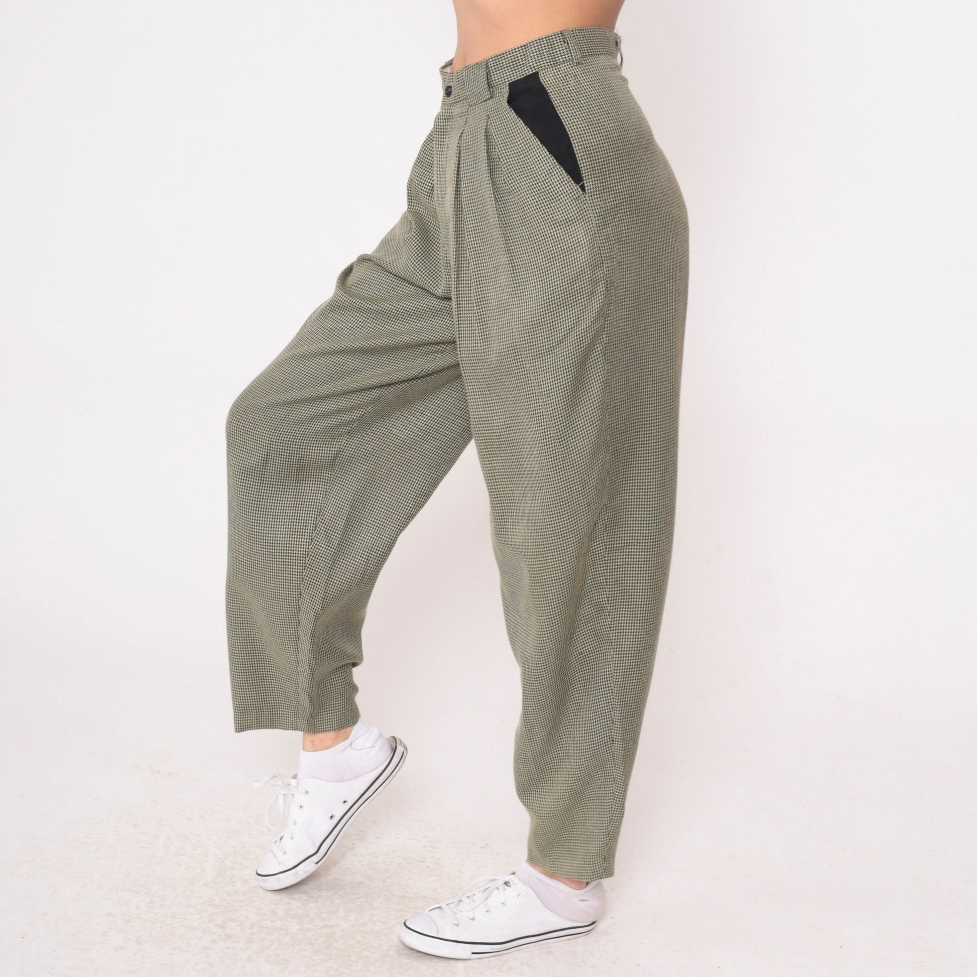 80s Houndstooth Tapered Trousers High Waist Pleated Black Yellow Small