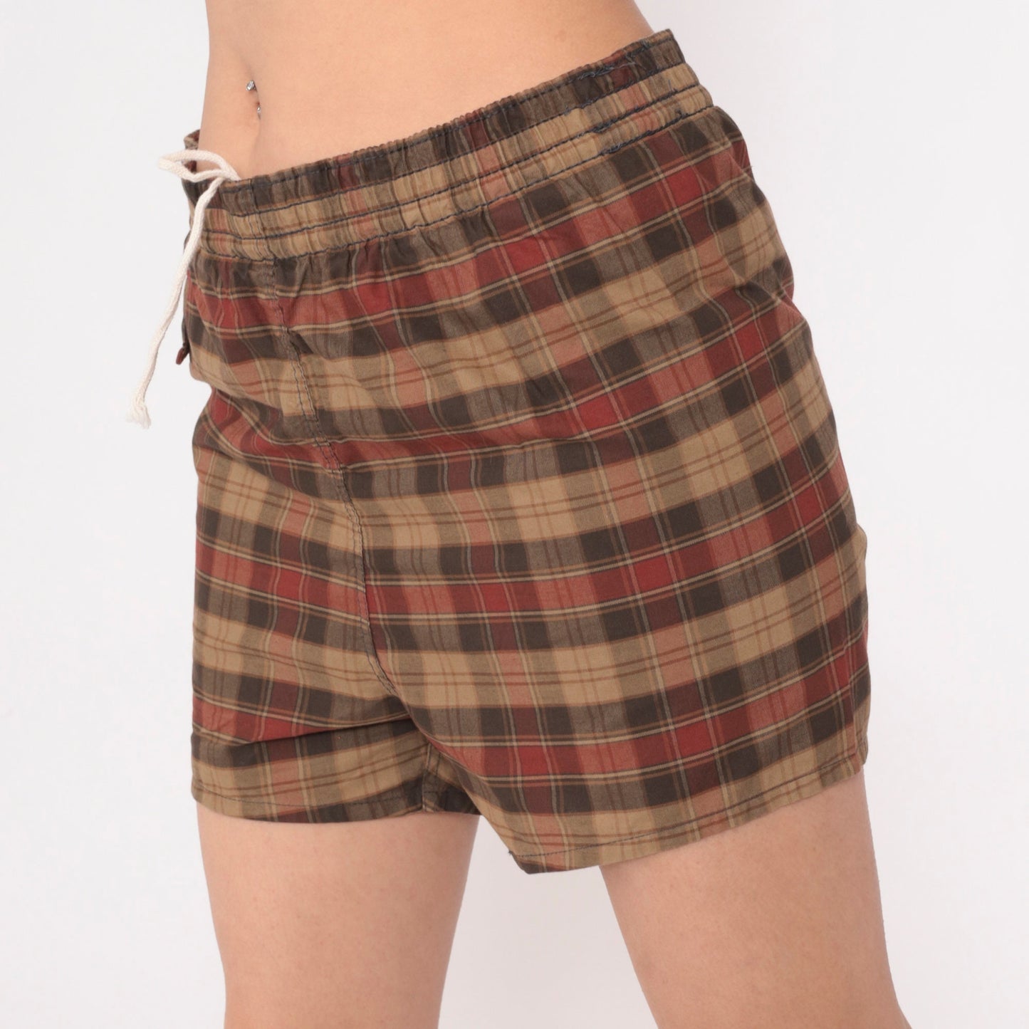 80s Brown Red Plaid Swim Trunks Drawstring Waist Men's Medium