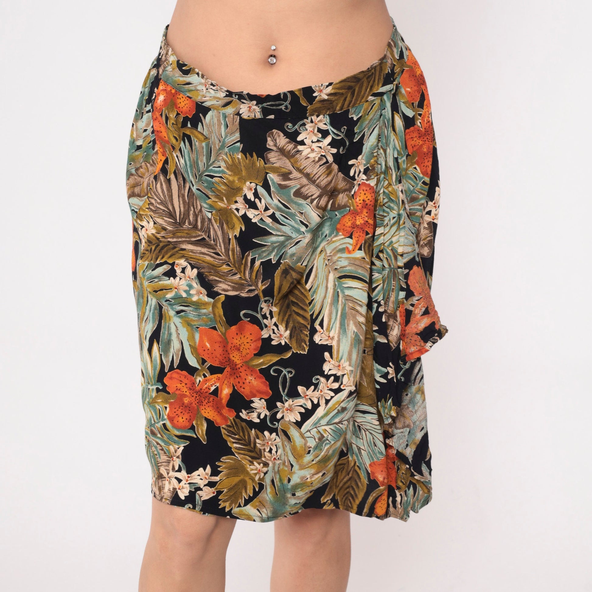 90s Carol Little Tropical Floral Mini Skirt Orange High Waist Faux Wrap Large