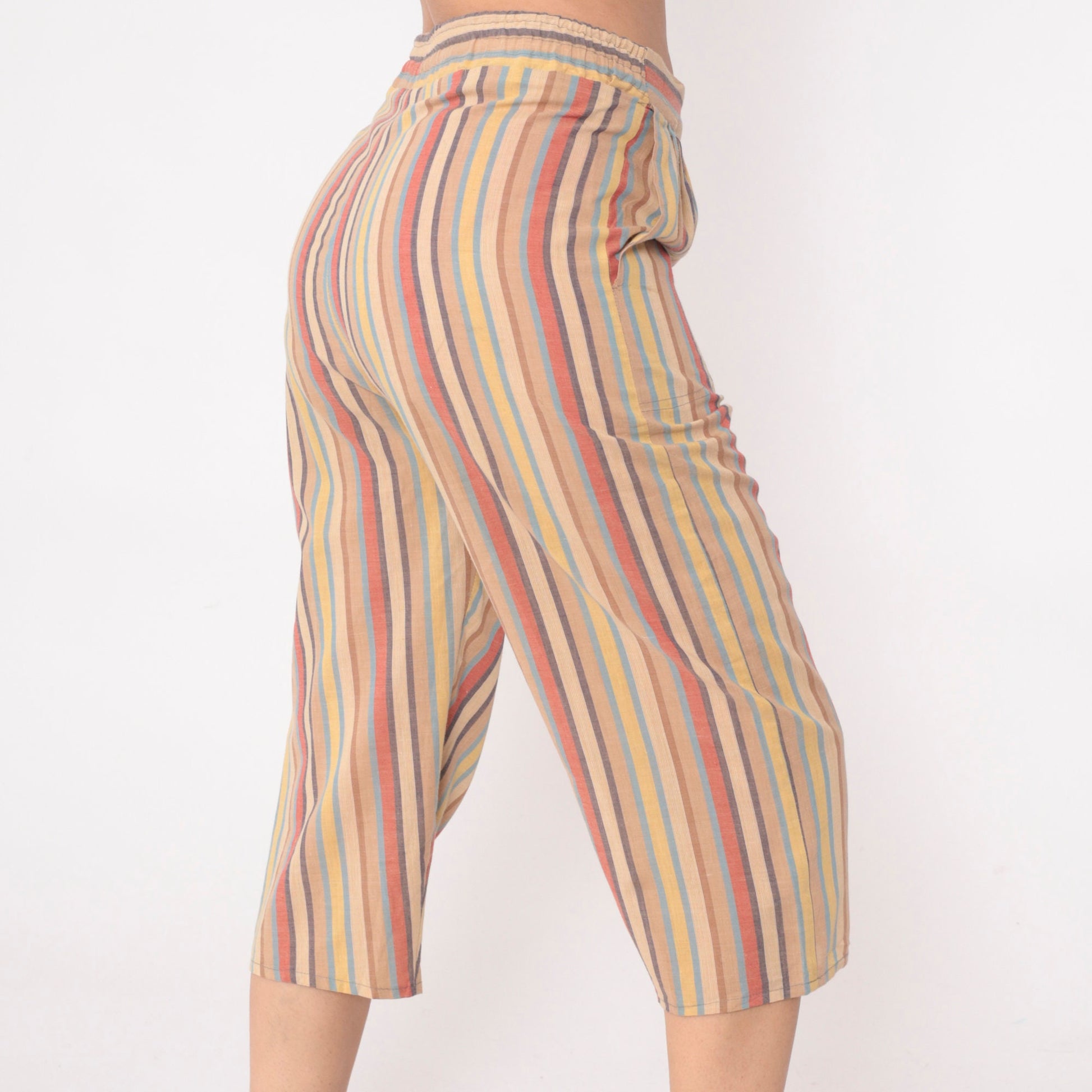 70s Striped High-Waisted Capri Pants Multicolour Cropped Trousers Small