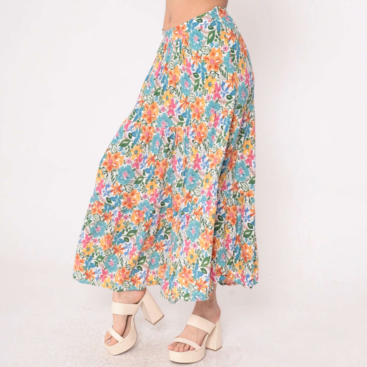 00s Cynthia Rowley Tiered Floral Maxi Skirt Blue Orange Pink Small