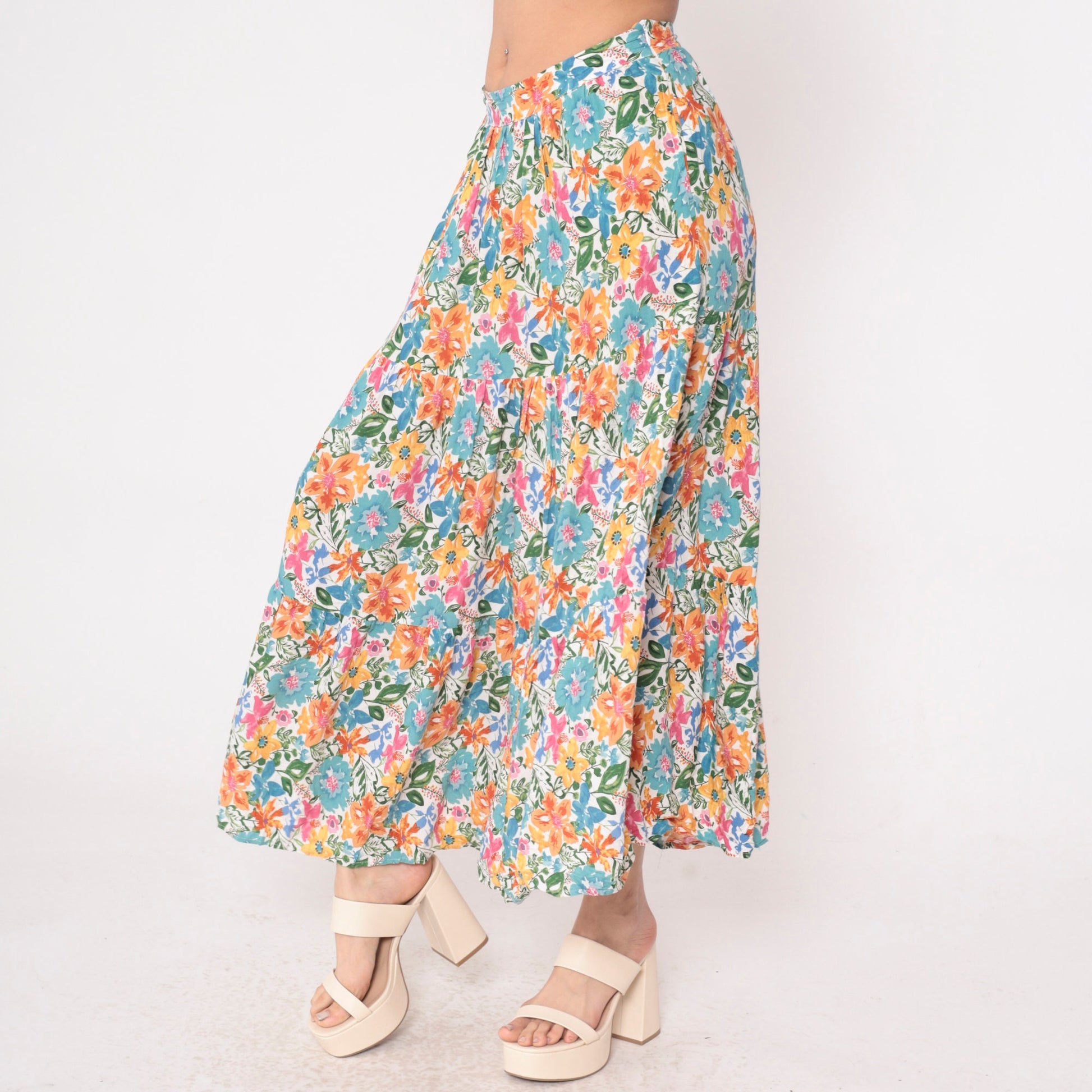 00s Cynthia Rowley Tiered Floral Maxi Skirt Blue Orange Pink Small