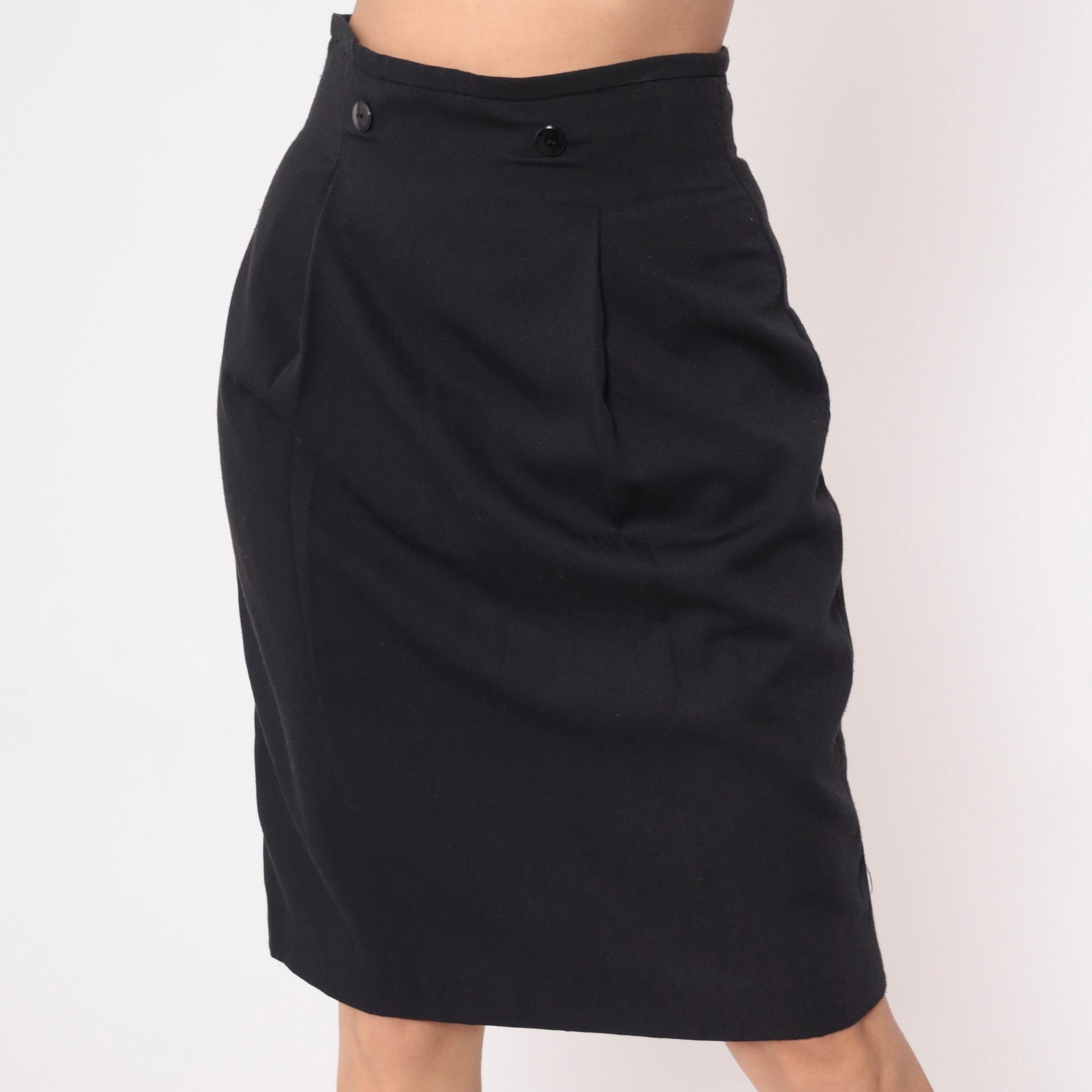 90s Black Pencil Skirt High Waisted Pleated Knee Length Medium