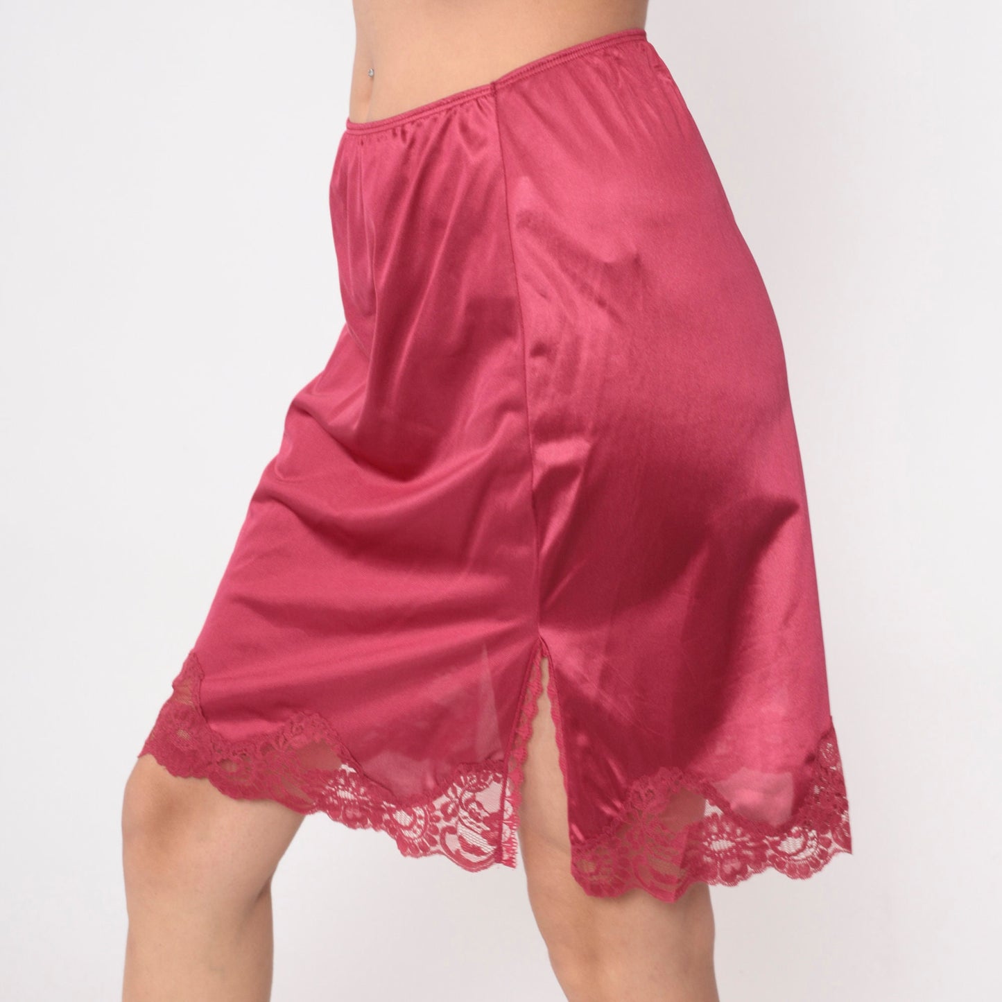 70s Raspberry Lace Slip Skirt High Waisted Front Slit Small Medium
