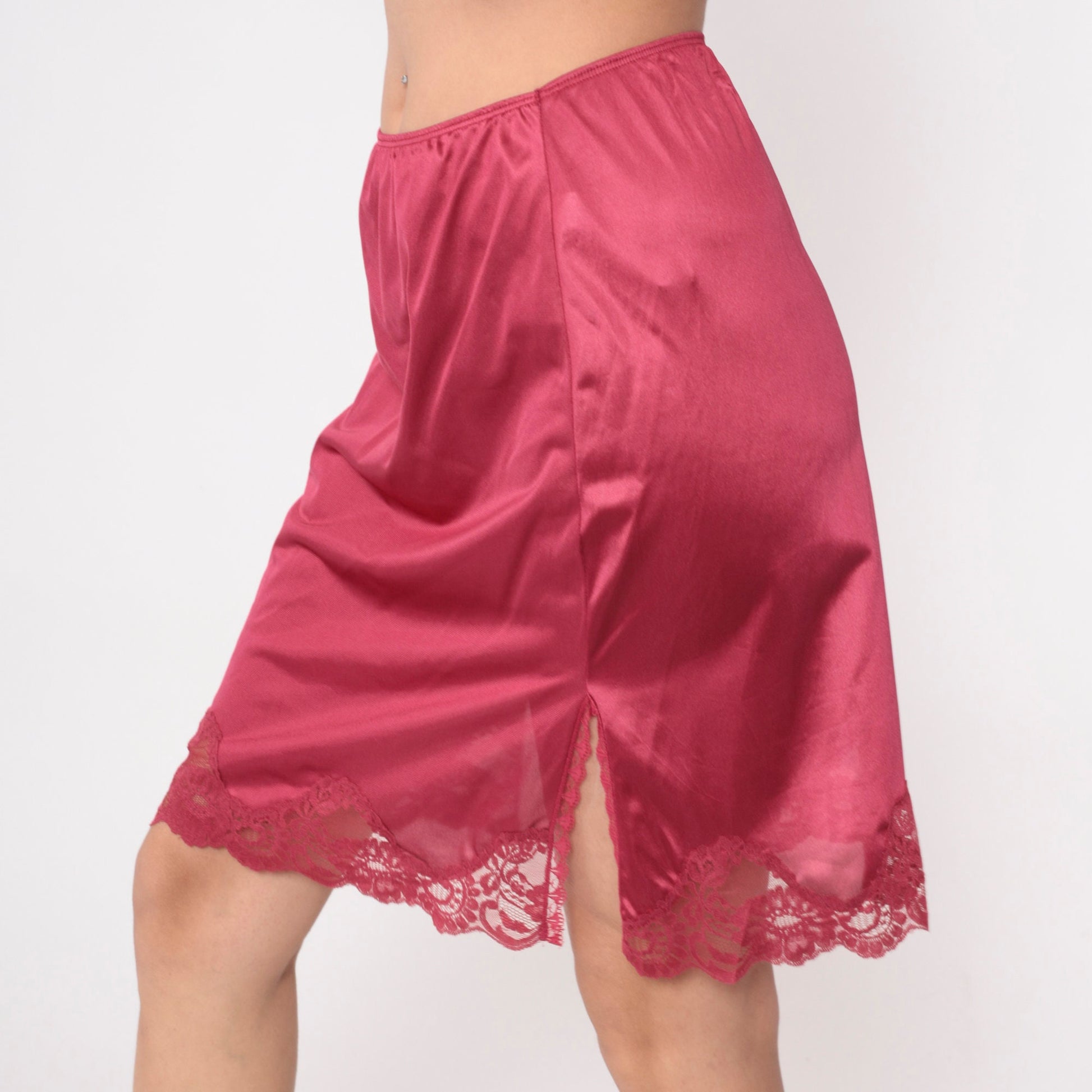 70s Raspberry Lace Slip Skirt High Waisted Front Slit Small Medium