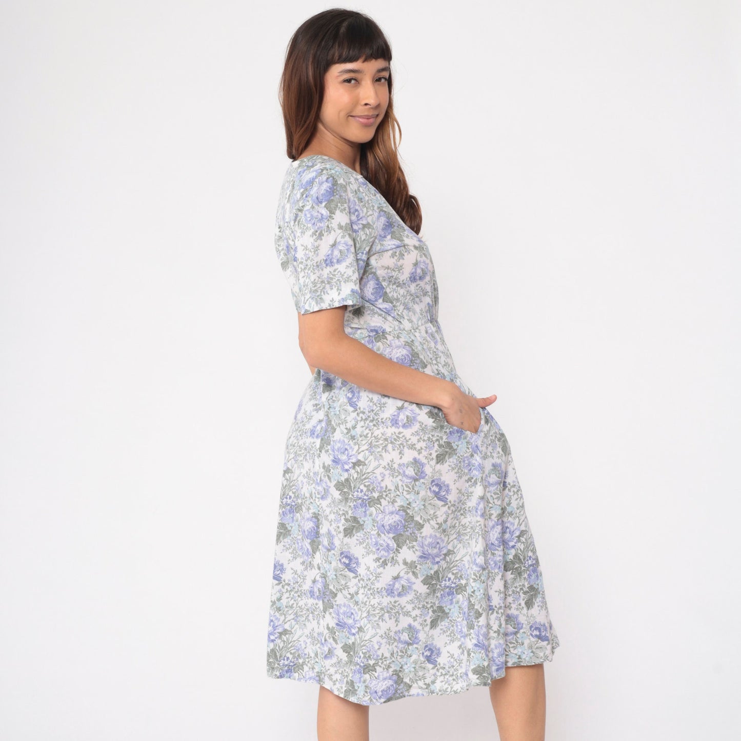 80s Stuart Alan Petites Floral Midi Dress Lavender Button-Up V-Neck Small