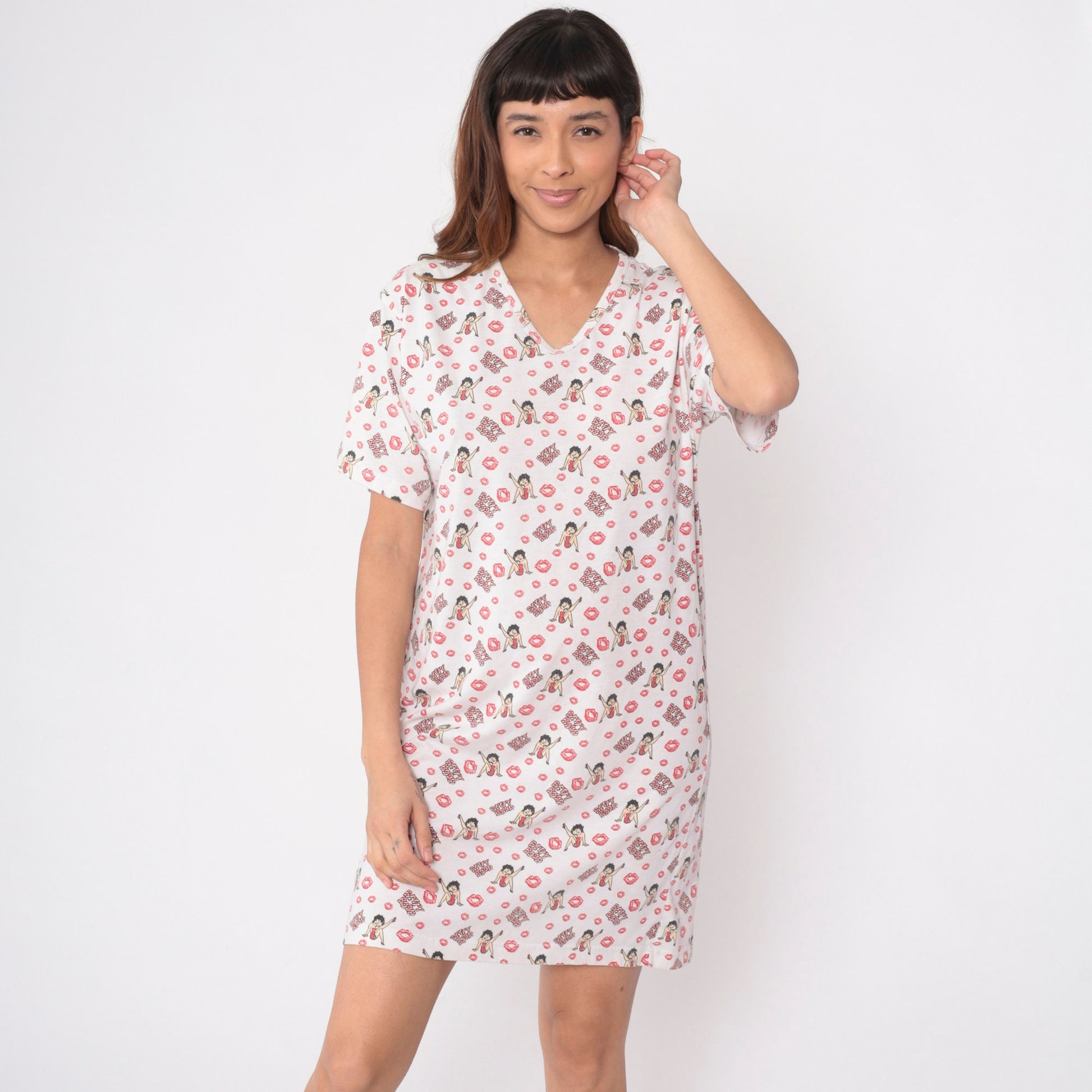 00s Betty Boop Kisses Print Nightie Dress V-Neck Mini Graphic Small S