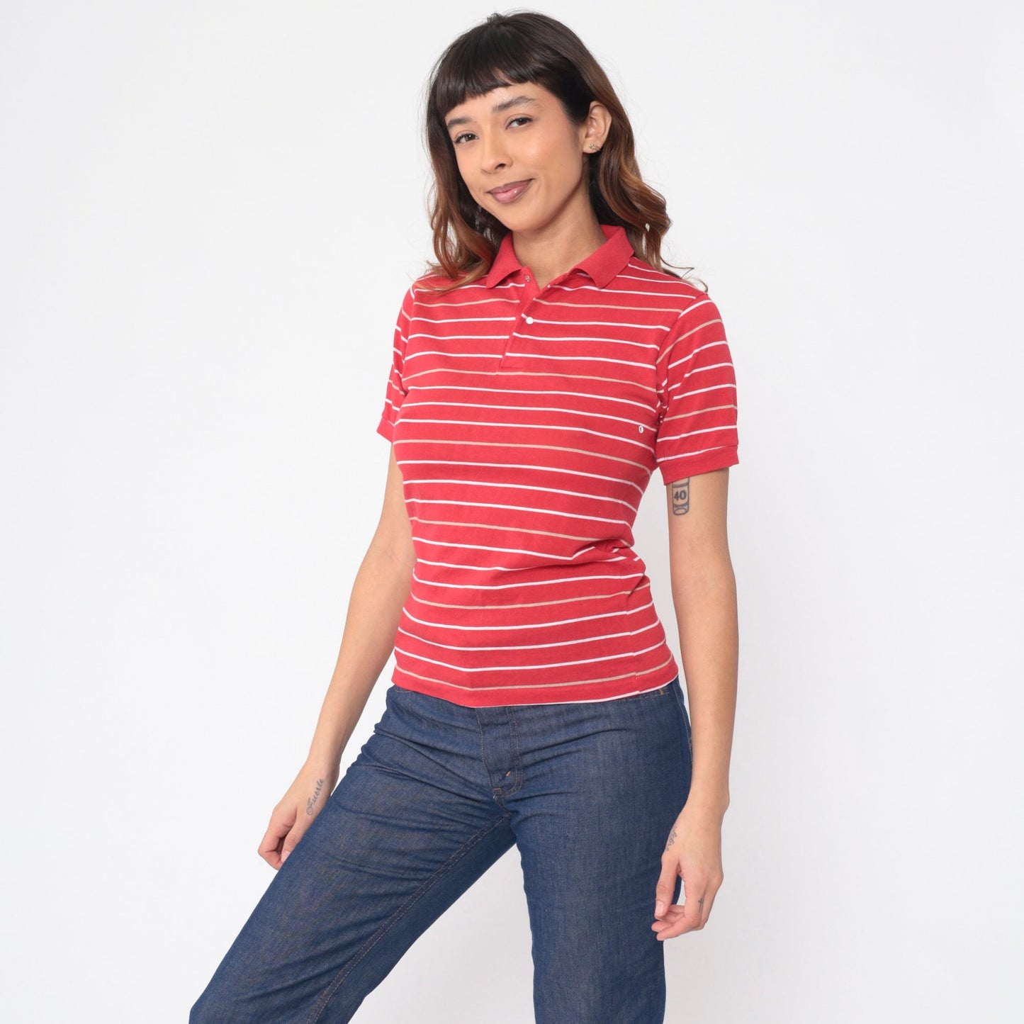 80s Red Striped Polo Shirt Snap Button Collared Top Extra Small