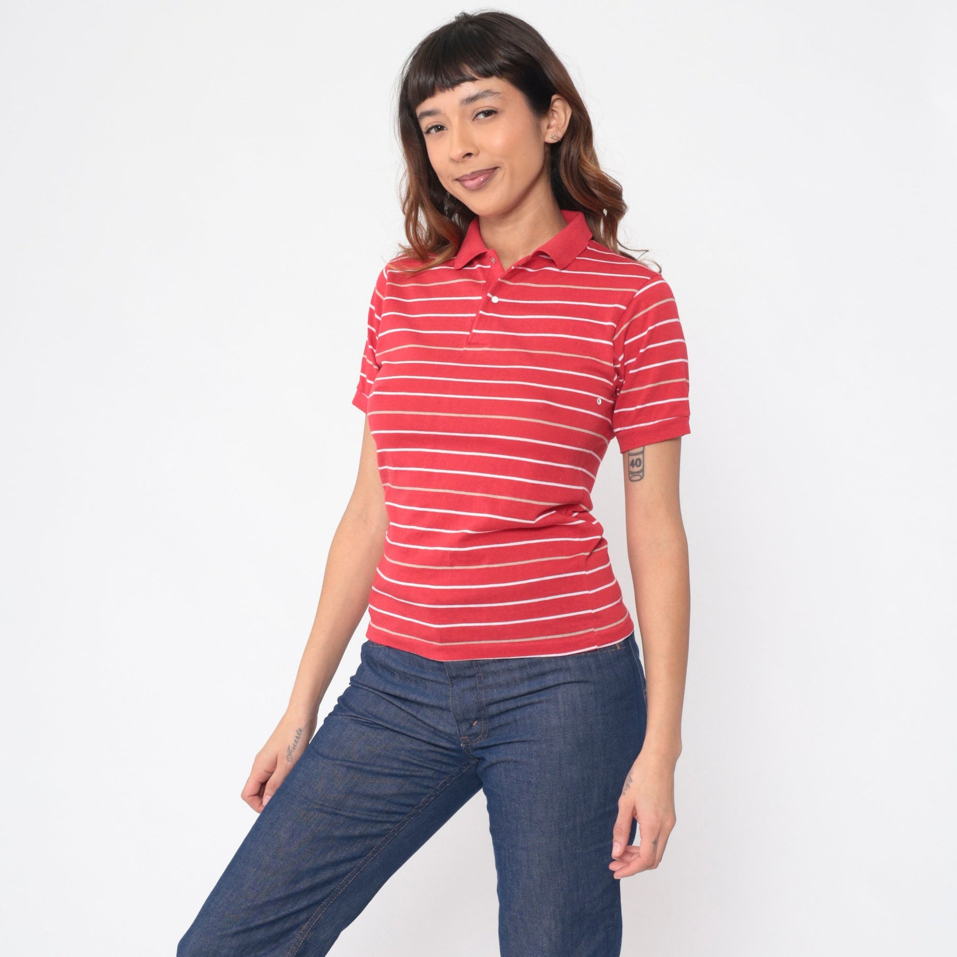 80s Red Striped Polo Shirt Snap Button Collared Top Extra Small