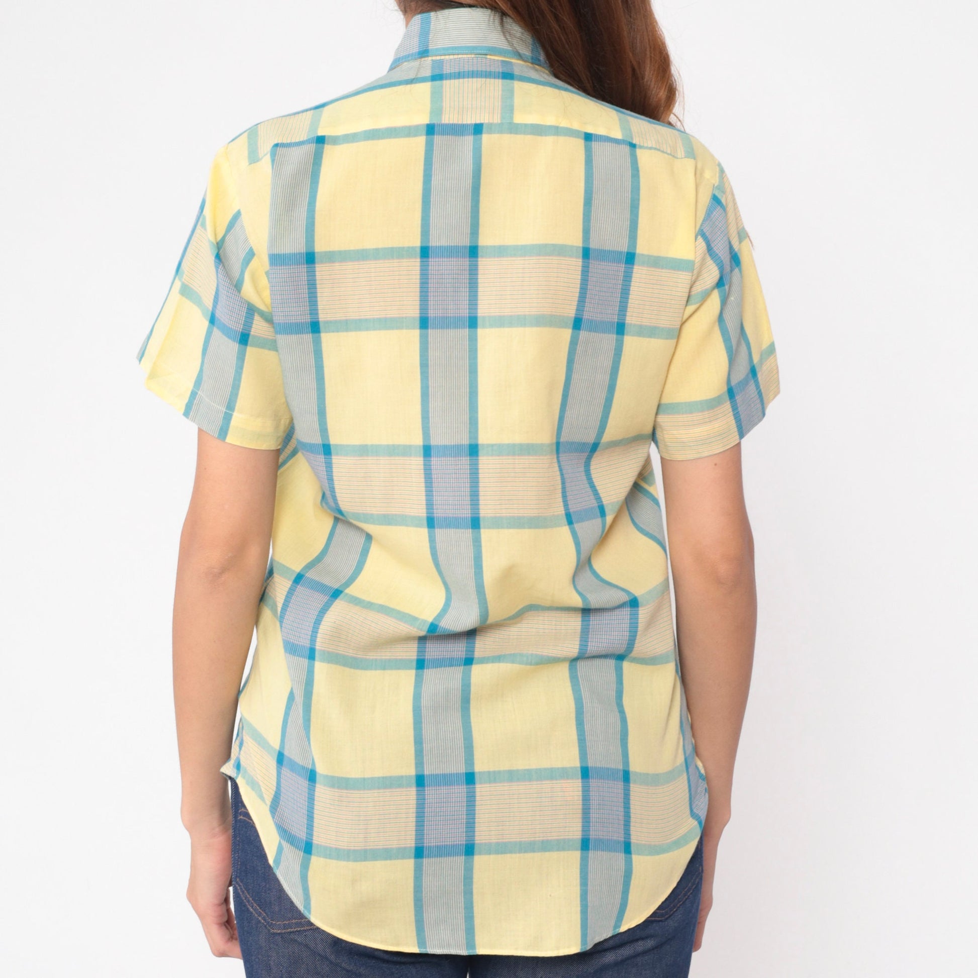 80s Yellow Blue Plaid Button Up Shirt Short Sleeve Collared Top Small S