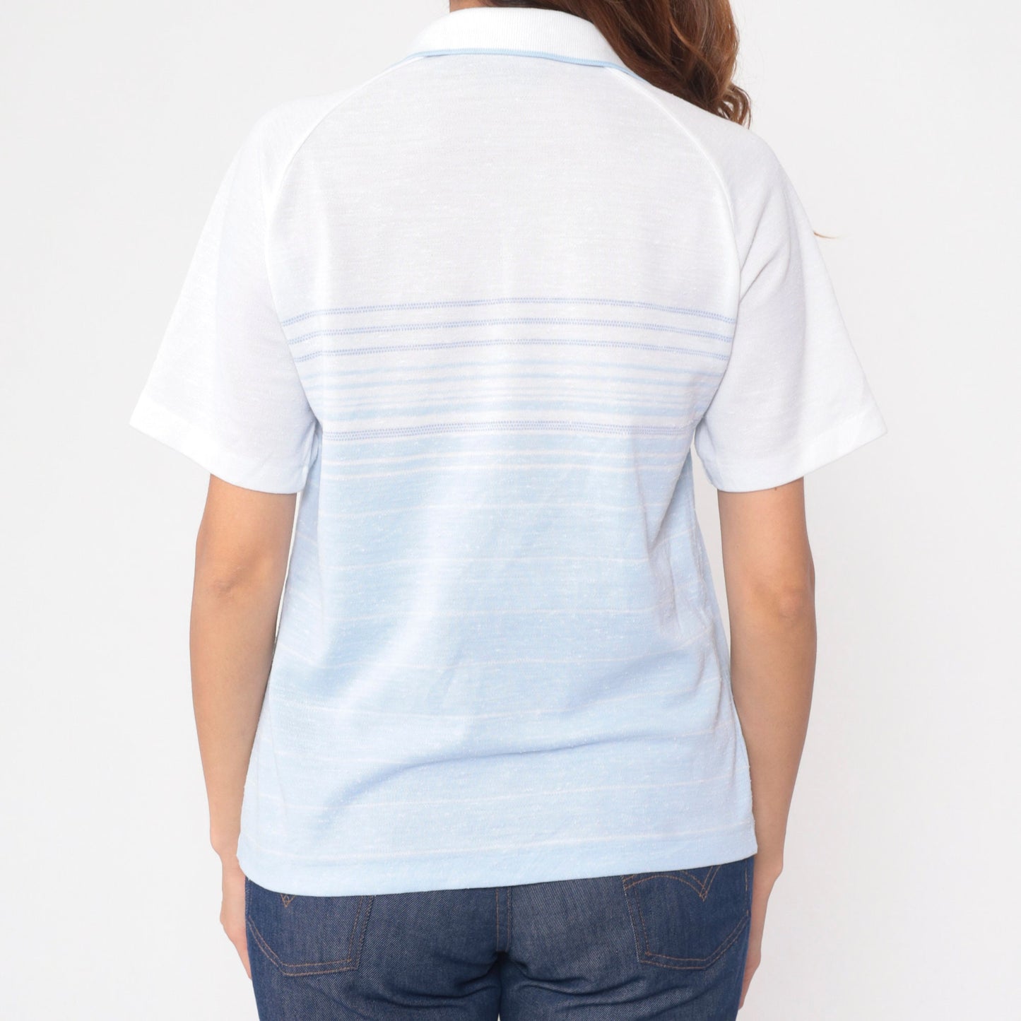 80s Status Club White Baby Blue Striped Polo Raglan Shirt Small