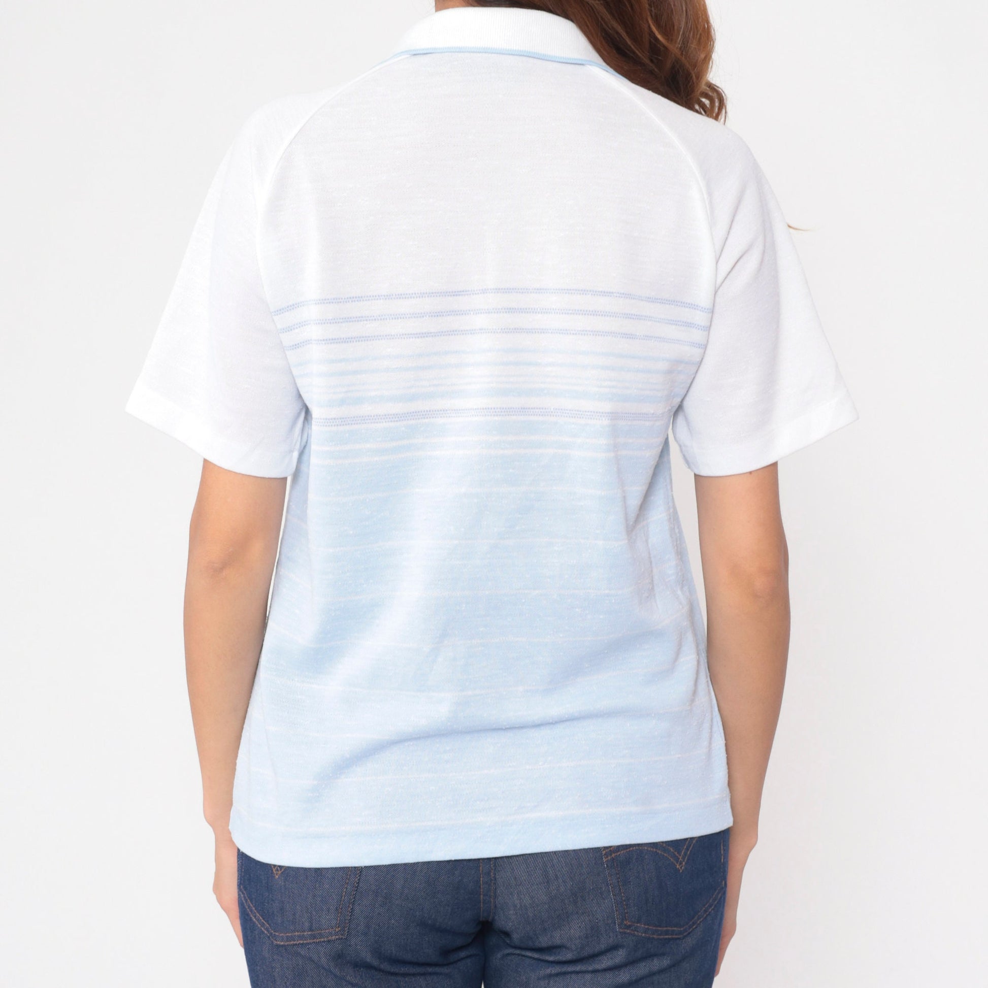 80s Status Club White Baby Blue Striped Polo Raglan Shirt Small