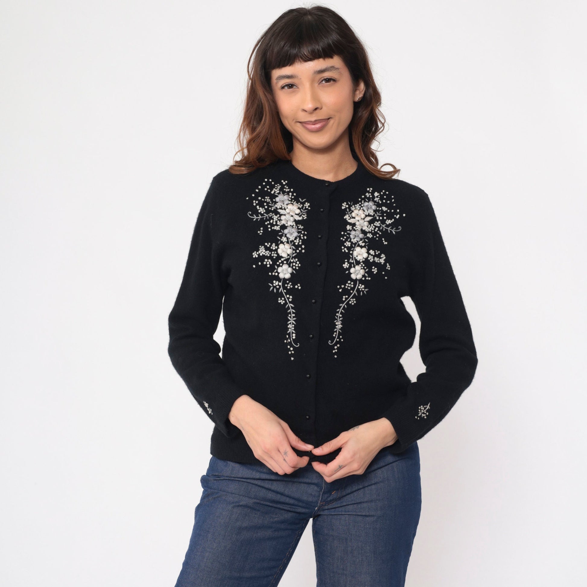 60s Black Cardigan Grey Floral Embroidered Button-Up Wool Blend Medium