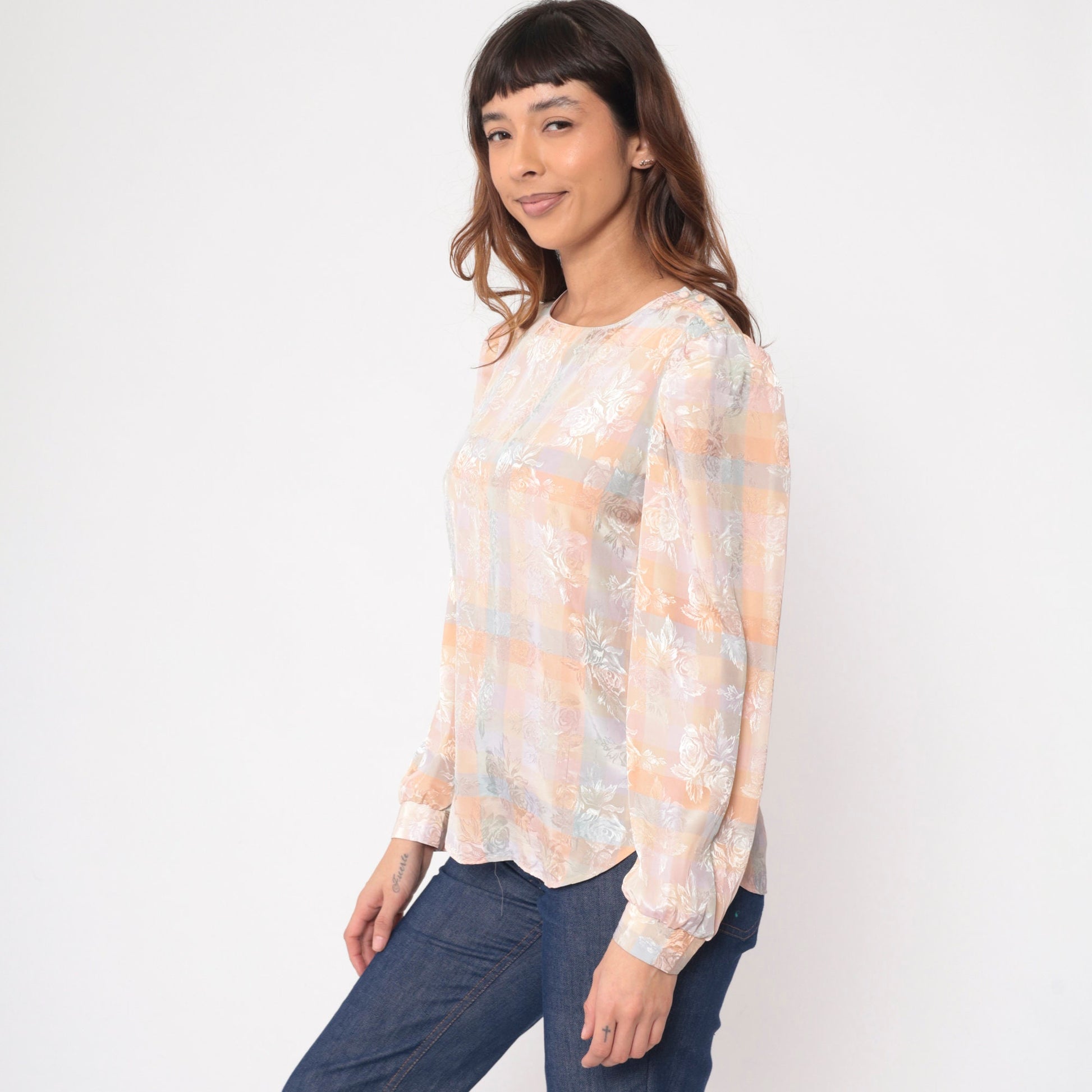 80s Kaki Roberts Peach Checkered Floral Puff Sleeve Blouse Small