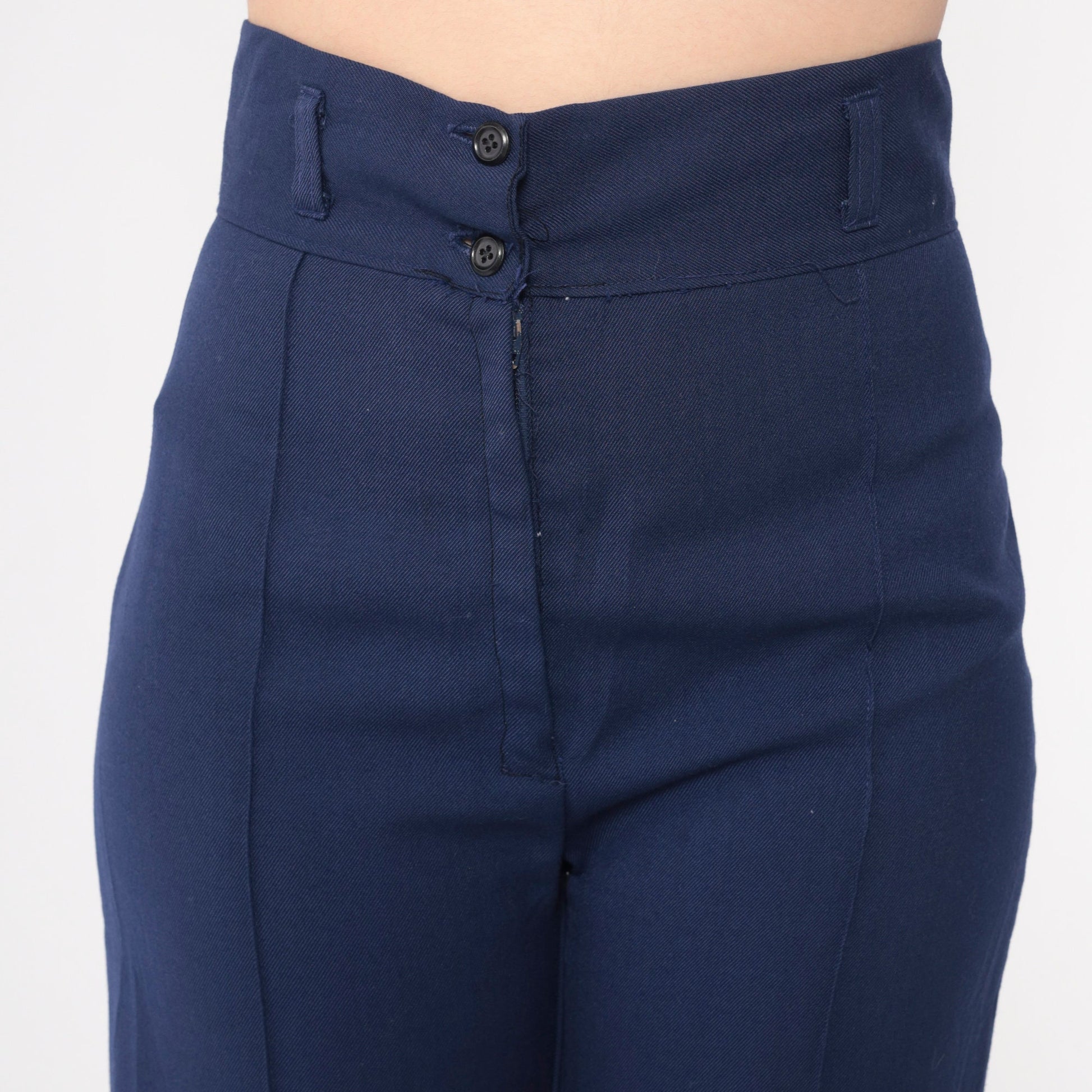 70s Navy Bell Bottom Trousers High Waist Cuffed Creased Slacks Small