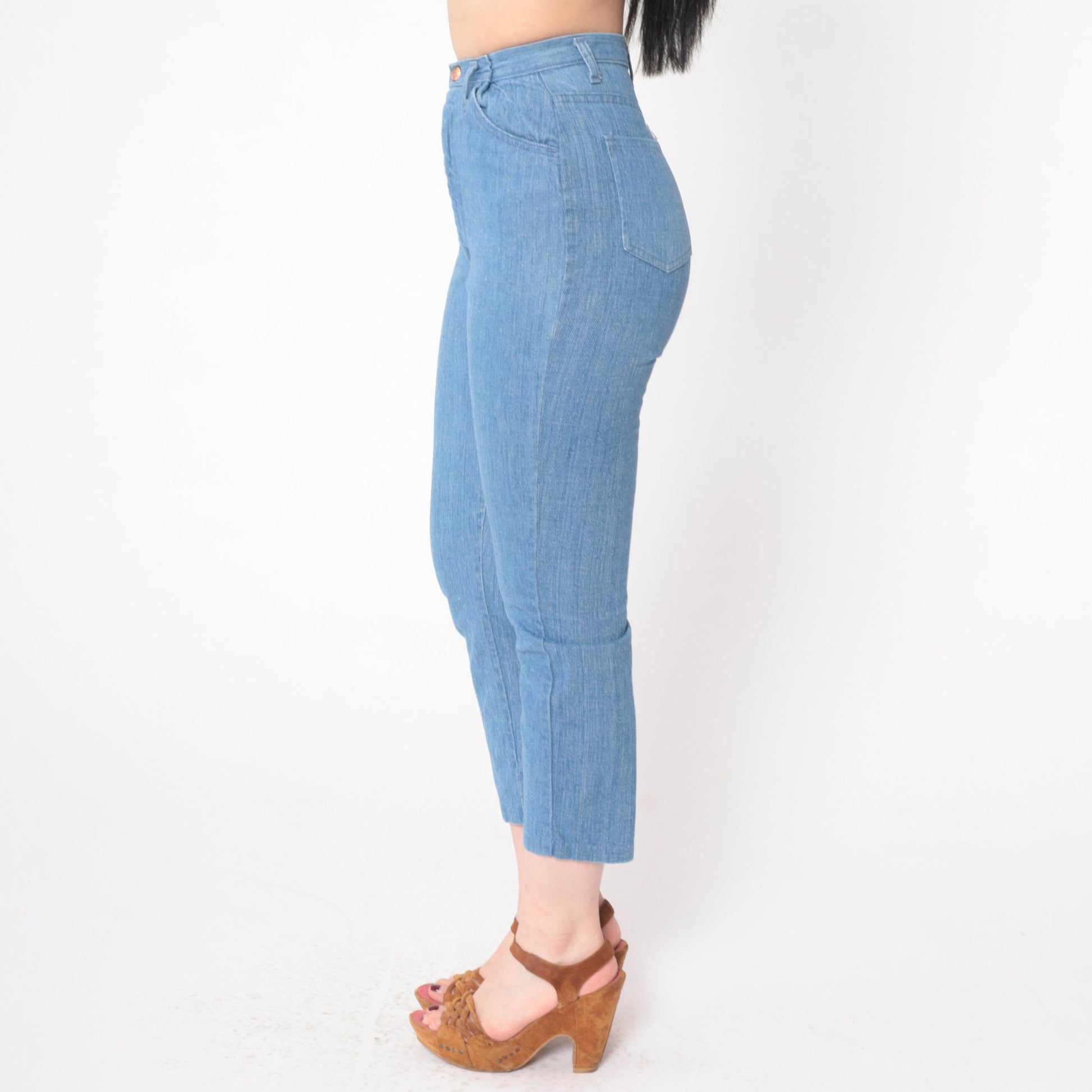 70s High Waist Skinny Jeans Blue Denim Cropped Ankle Tight Fit XXS