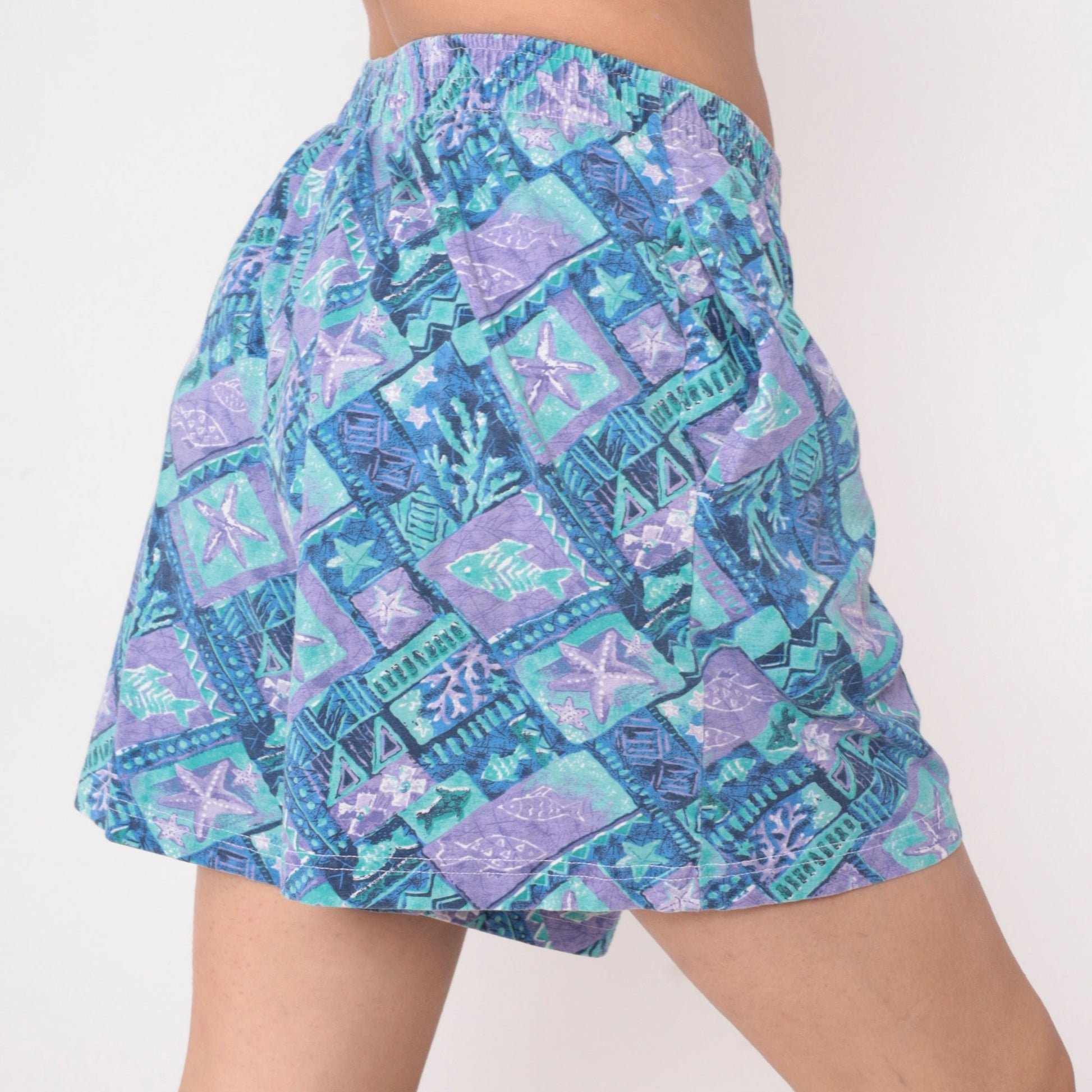 90s Tropical Fish Starfish Geometric Shorts High Waist Cotton Blue Purple Medium