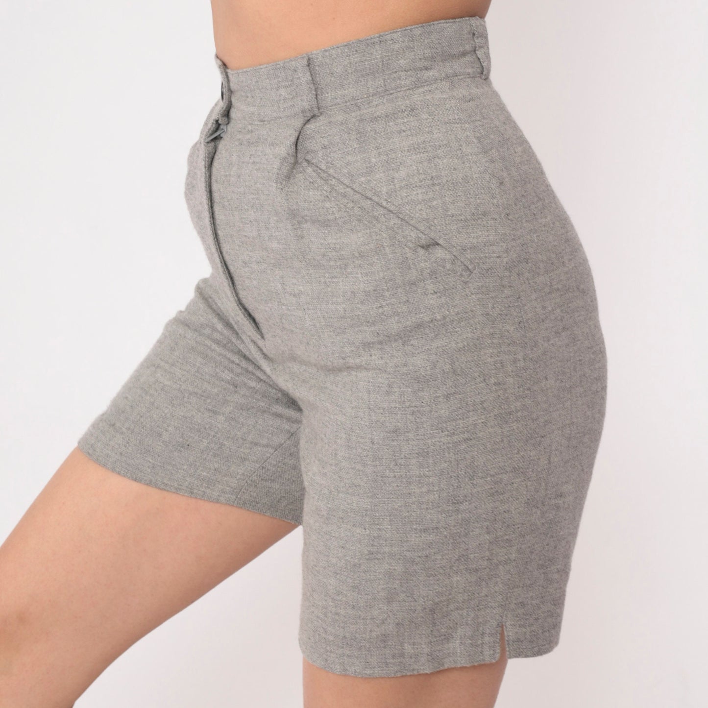 80s Heathered Grey Wool High-Waisted Shorts Welt Pockets Small 4