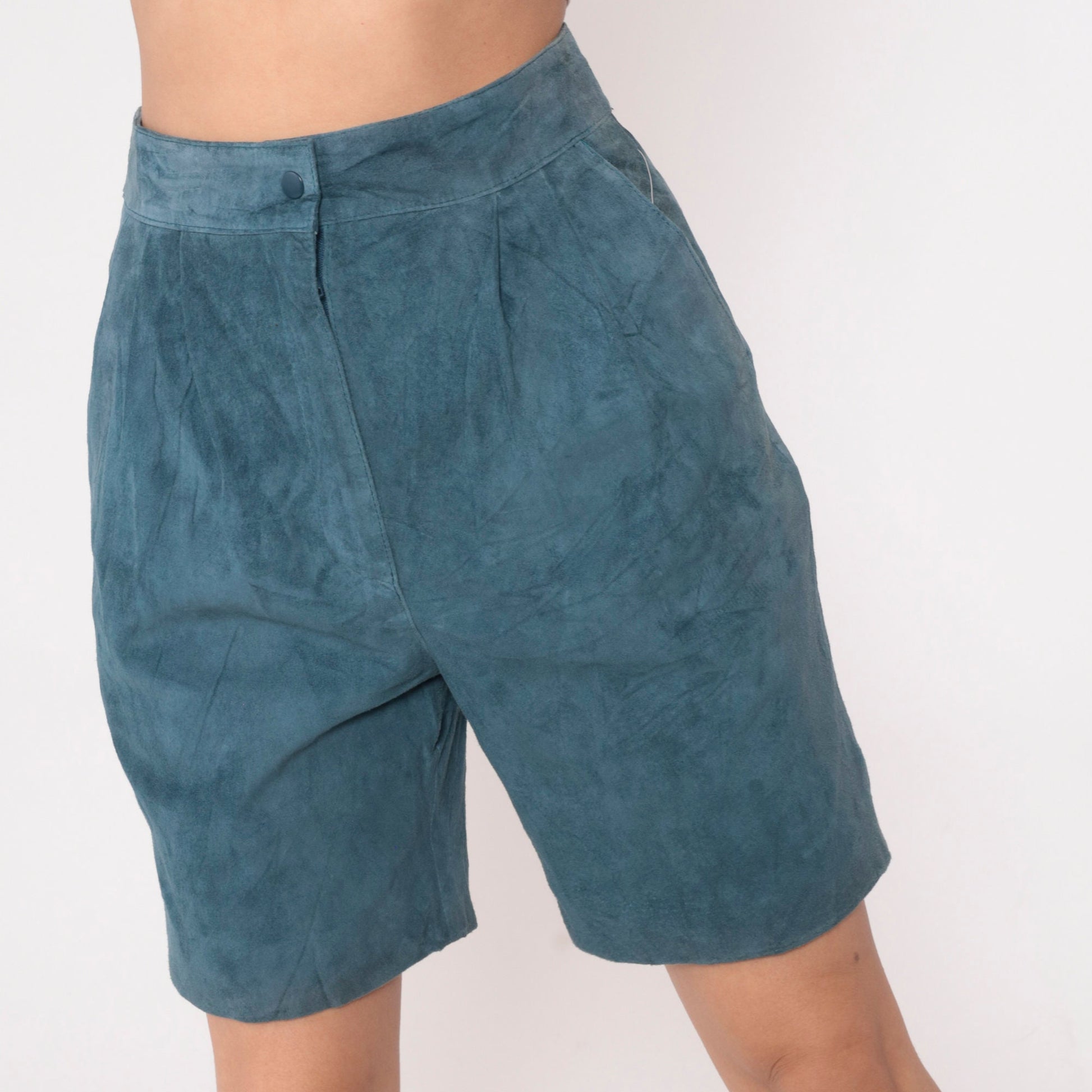 80s Blue Suede High-Waisted Shorts Pleated Front Small
