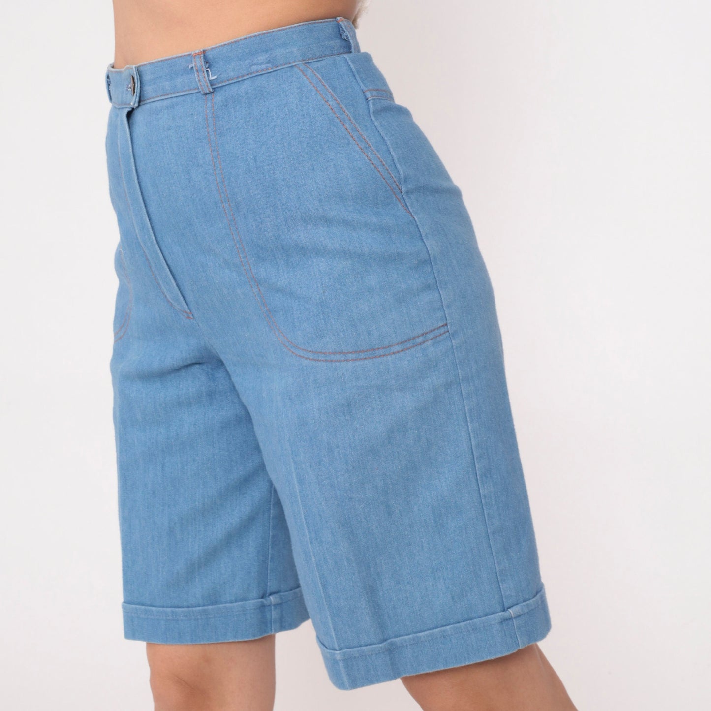 80s Tanjay Blue Denim Bermuda Shorts High Waist Cuffed Small