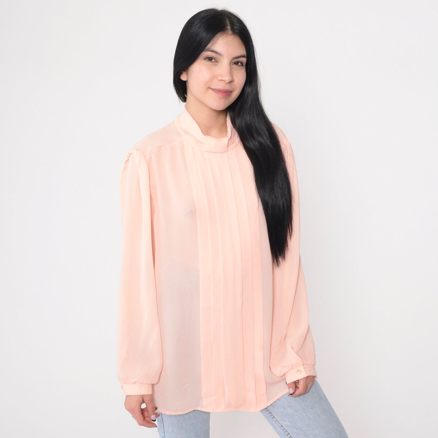 90s Pink Pleated Blouse Puff Sleeve Keyhole Back Semi-Sheer Large